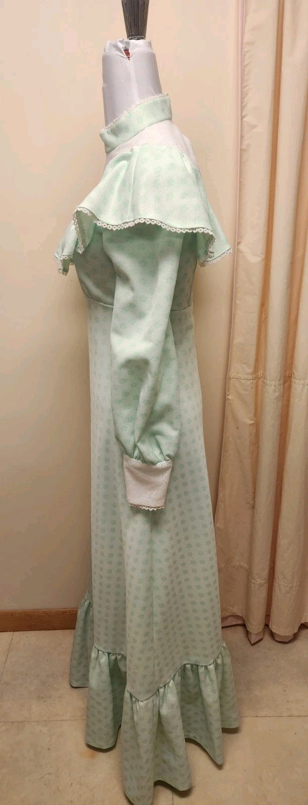VTG 70s Handmade Prairie Cottage Core Gree Floral Pattern Maxi Dress*sz10*EUC