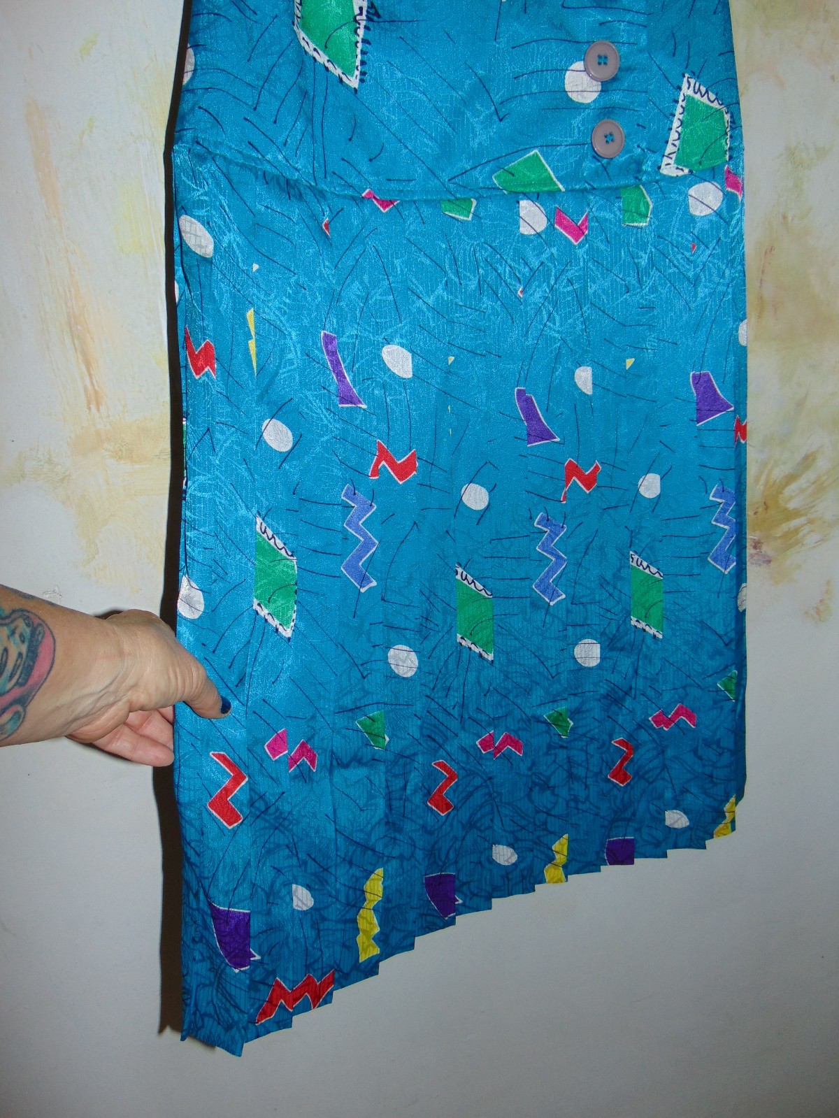 Vintage 80’s La Petite Connection Knee Length Midi Blue Geometric Pleated Dress