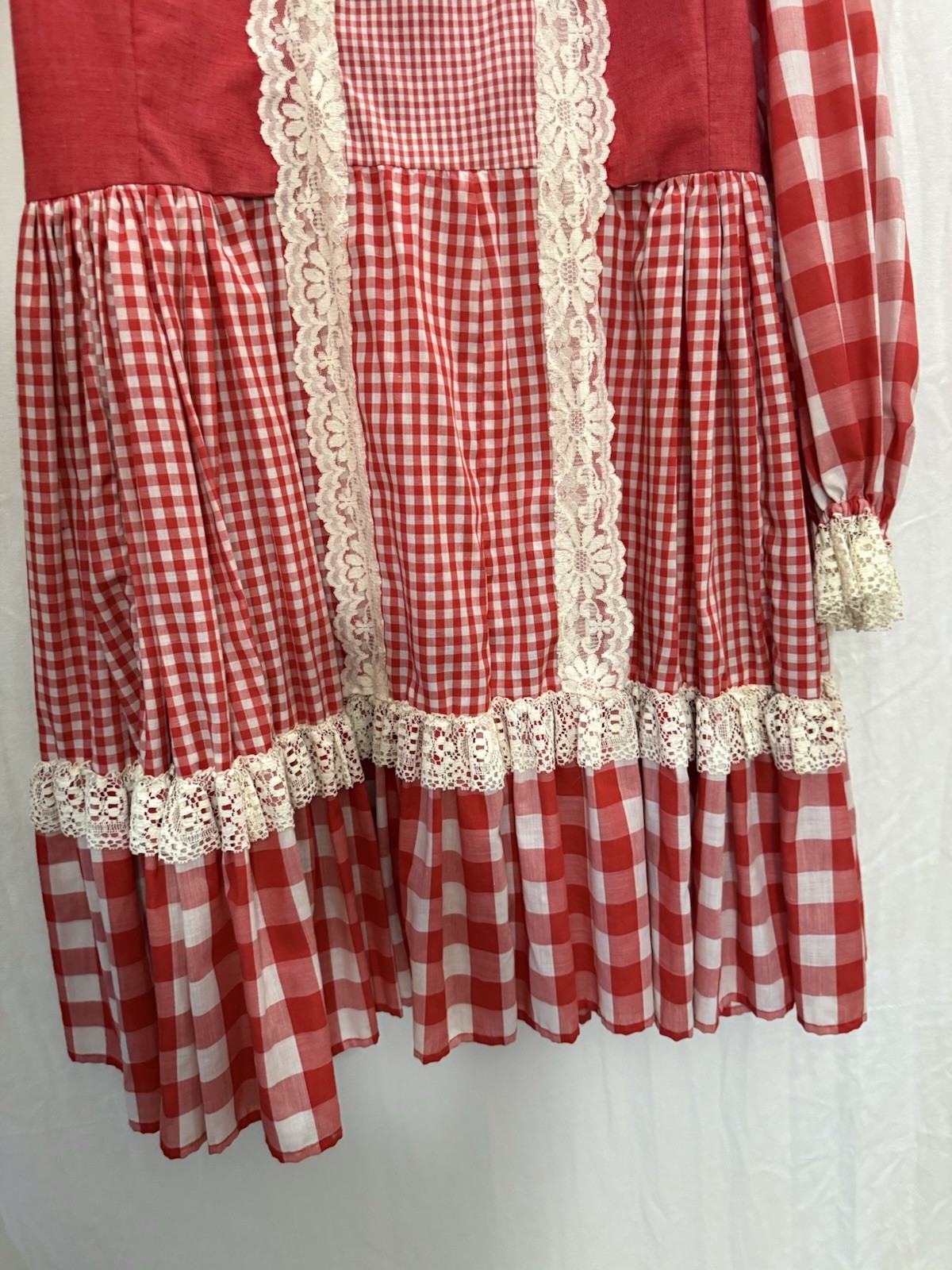 Vtg 70s Handmade Prairie Dress Red Gingham Lace Bib Farmhouse XL Storybook Style