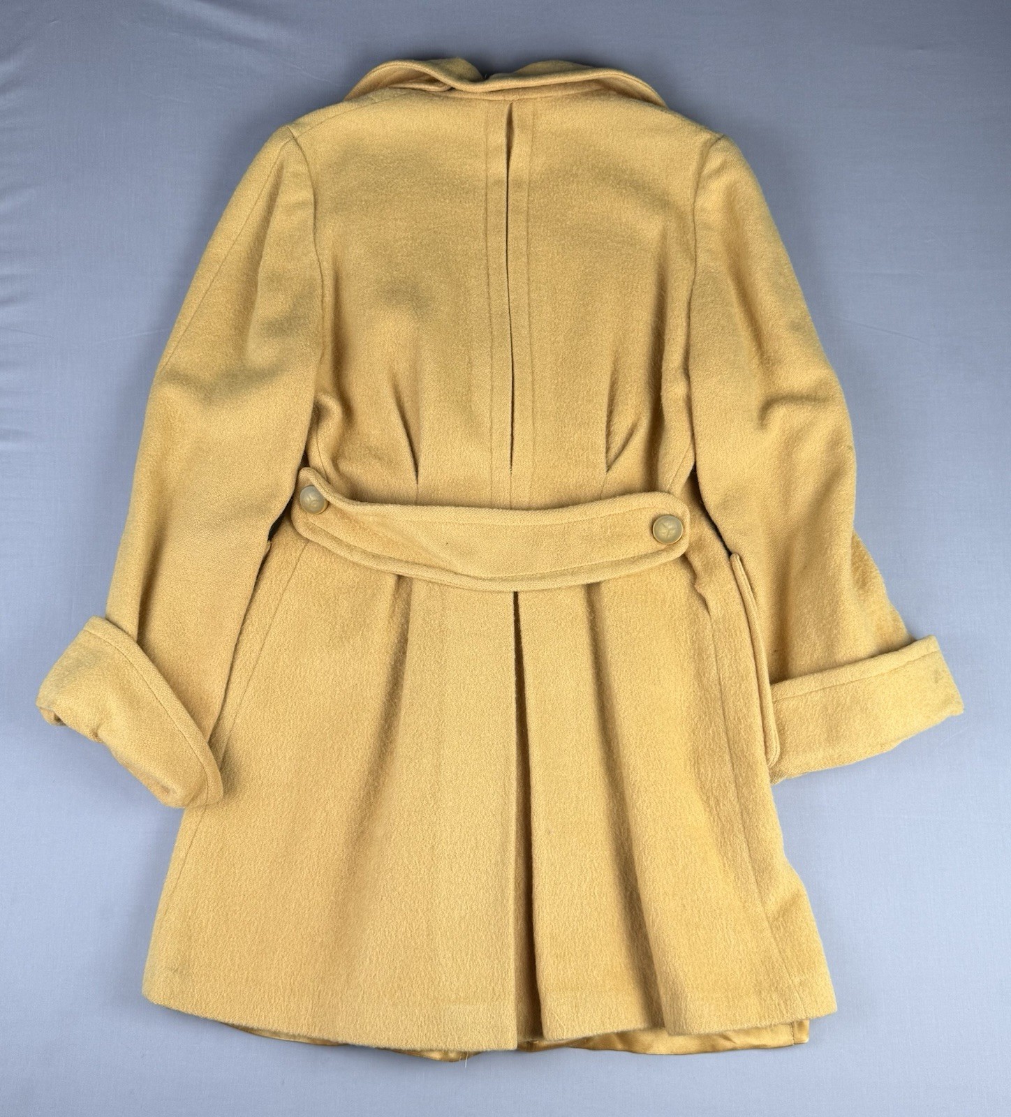 60’s VINTAGE Yellow Wool Double Breasted Women’s Pea Coat Size Medium Half Belt