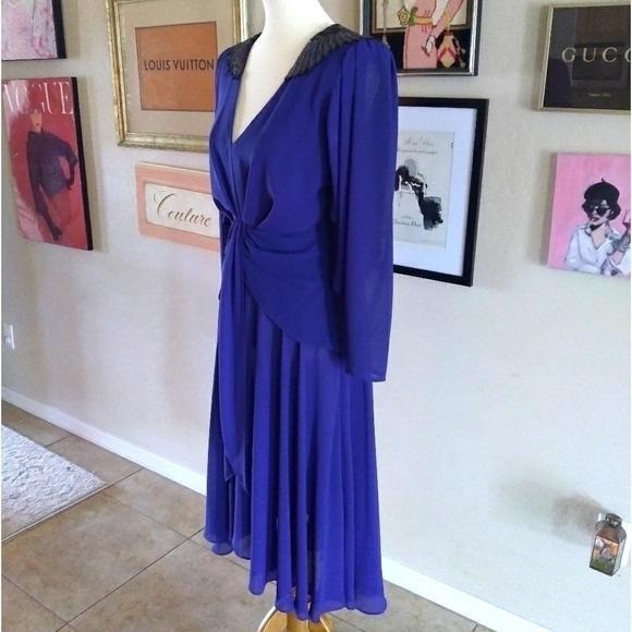 Vintage 1982 Casadei Eletra Royal Blue Beaded Shoulder Open Back Midi Dress