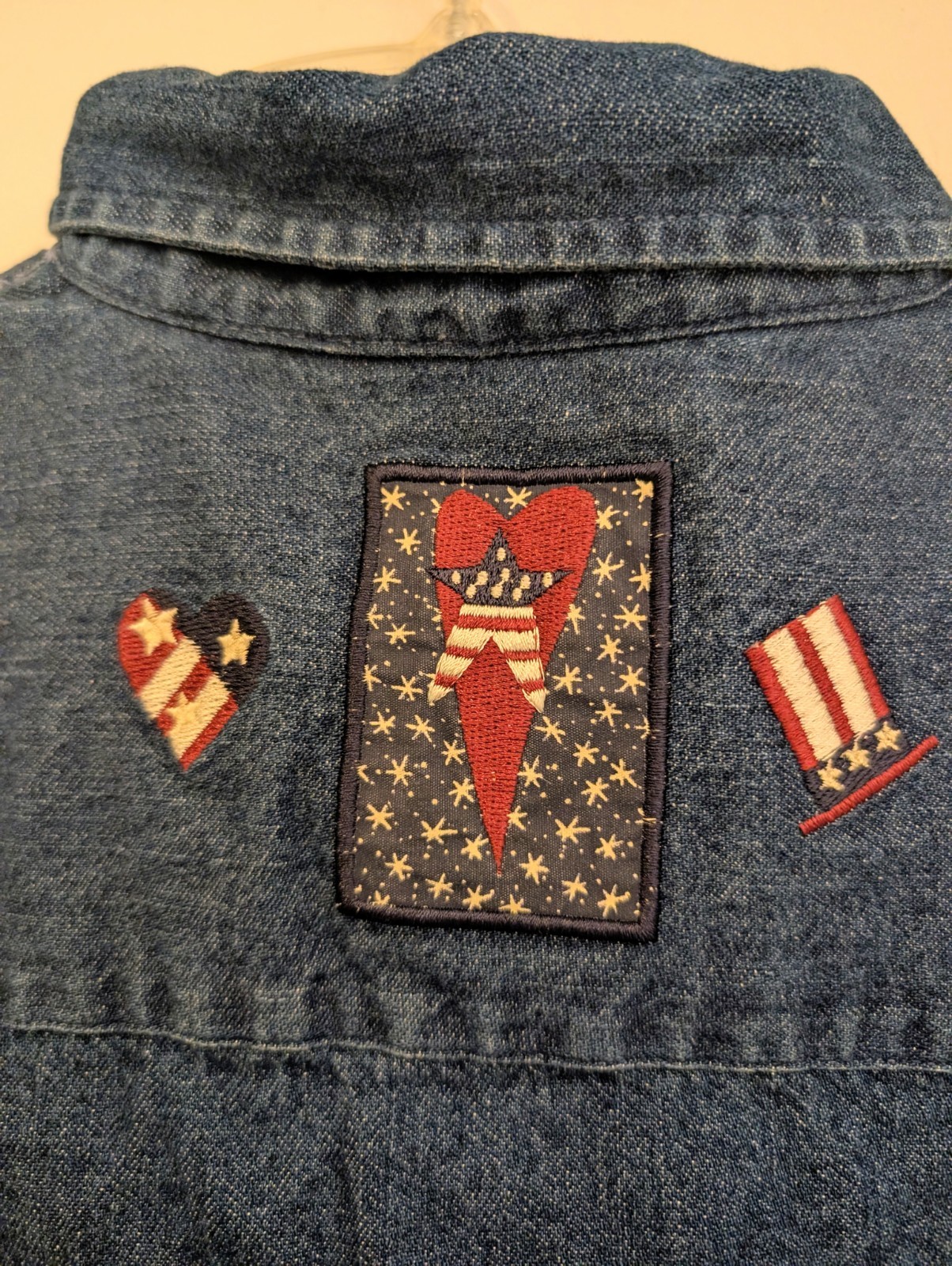VTG 90s Christopher & Banks Denim Vest Sz XL Patriotic USA Flag Patch Cottage