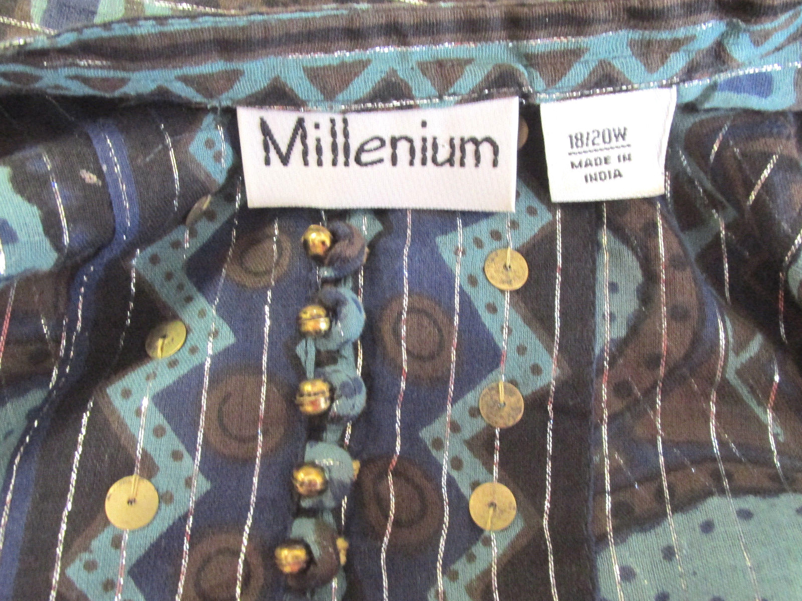 VINTAGE 1990s MILLENIUM COTTON SEQUIN BRASS BUTTON TOP BROCADE THREAD SIZE 18/20