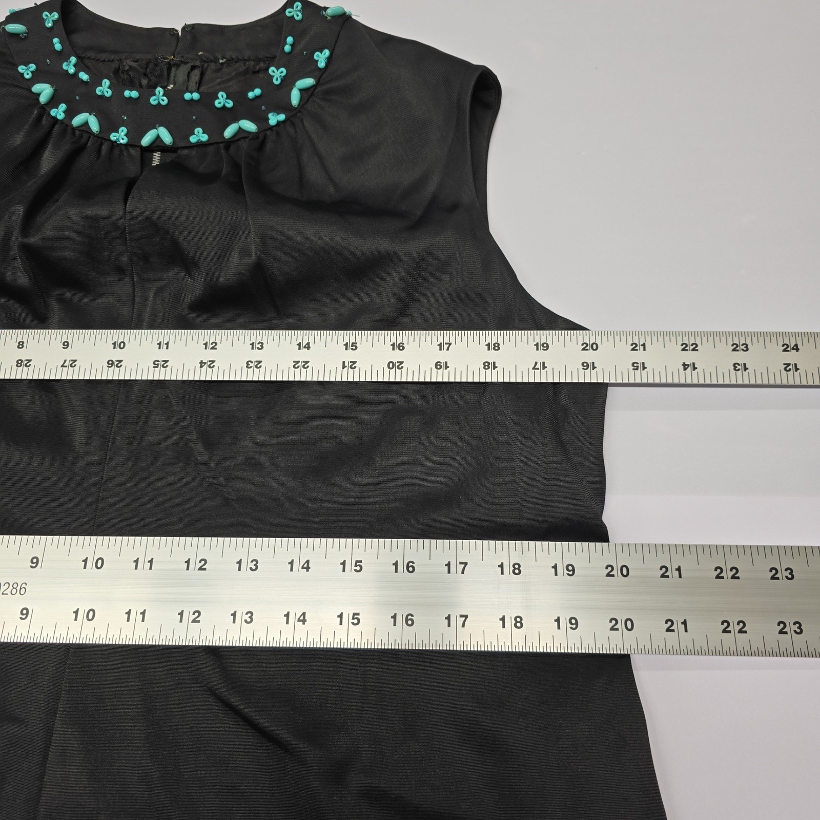 Vintage Black Sleeveless Mini Dress Turquoise Beaded Neckline Mod Cocktail