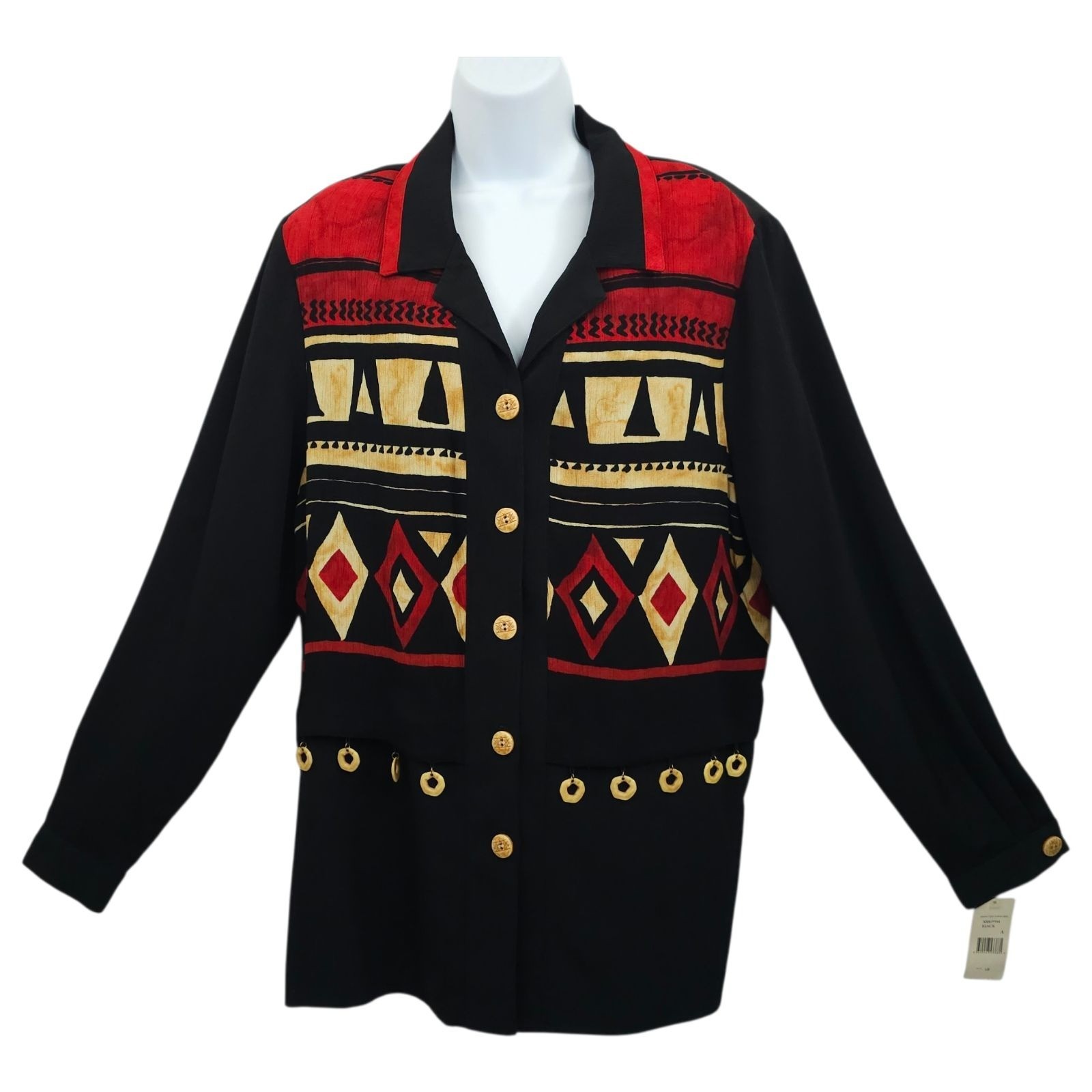 Nancy Bolen City Girl Shirt 18 Geo Vintage 90s Tribal Print Etched Buttons NOS