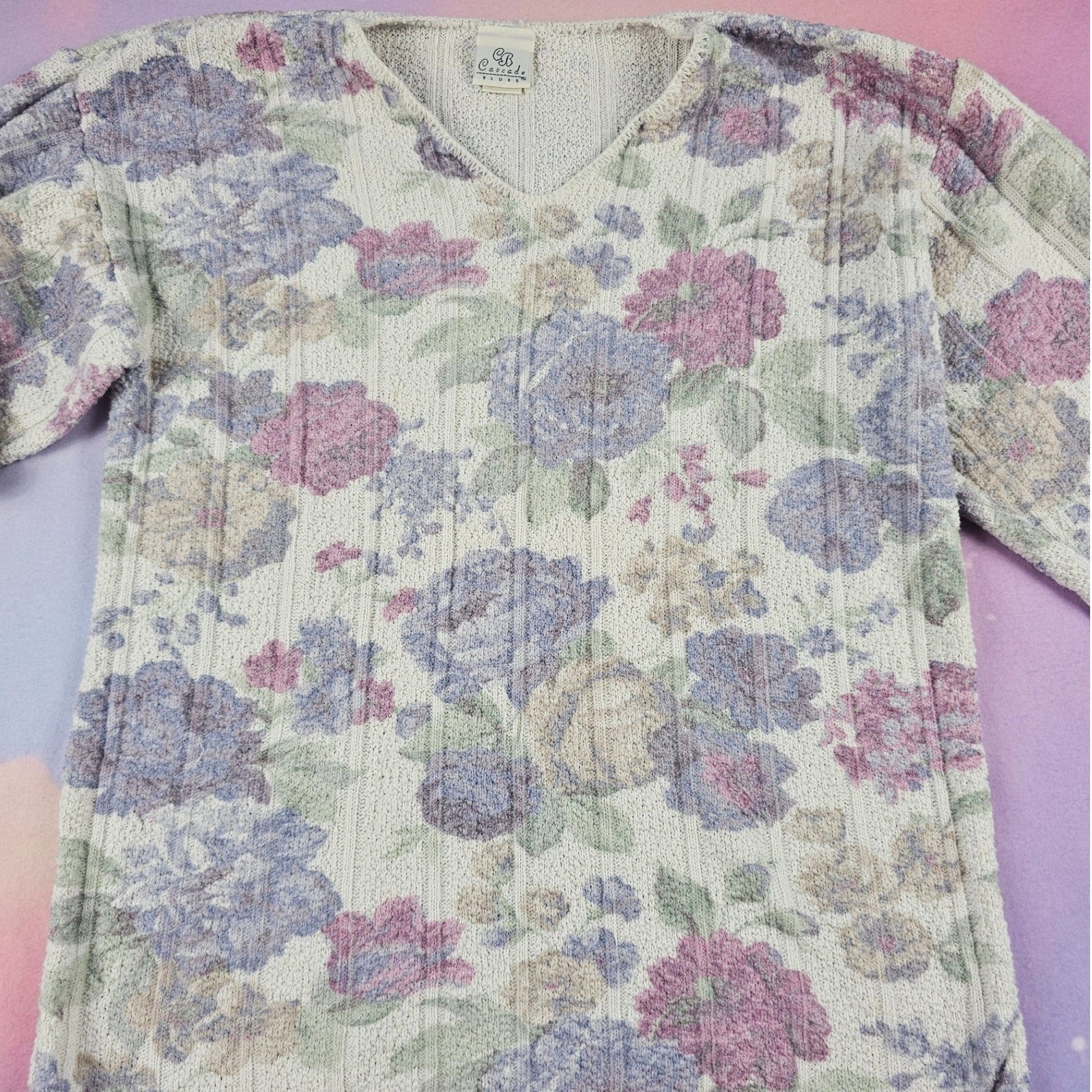 Cascade Blues Floral Sweater Womens S Multicolor Excellent Vintage V-Neck Knit