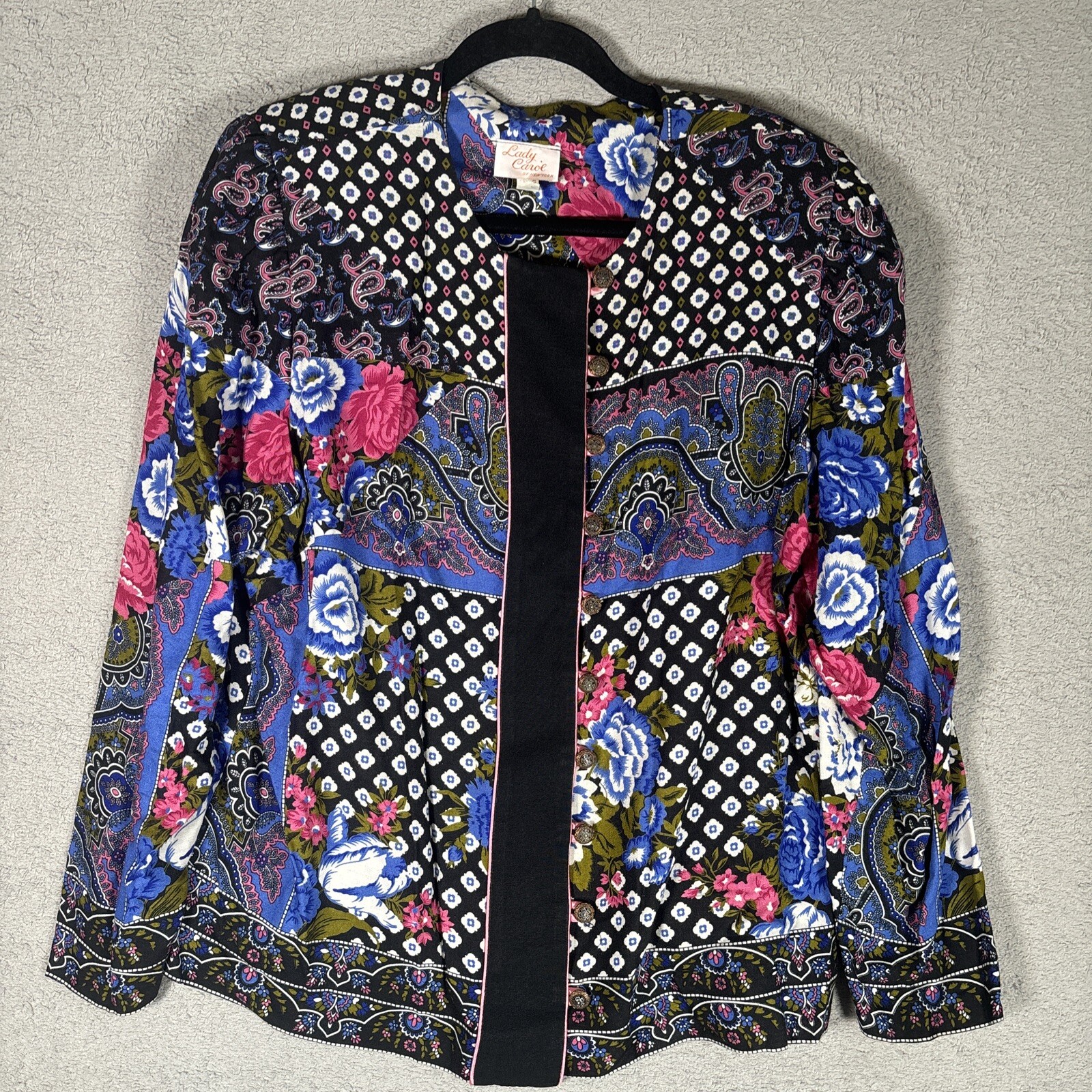 Vntg Lady Carol Of New York Blouse Button Up Paisley Floral Black Shoulder Pads
