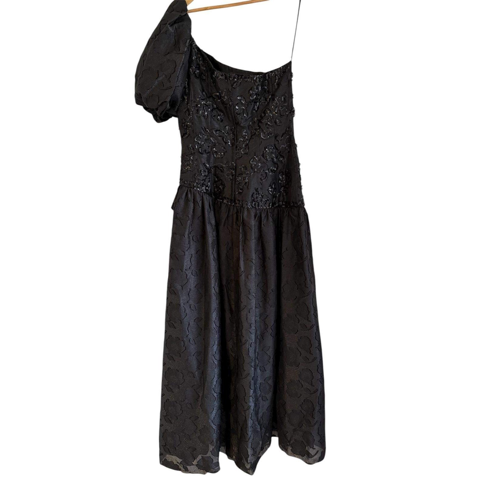 Vintage Mike Benet Formals Black Sequin One Shoulder Puff Sleeve Gown Size 16