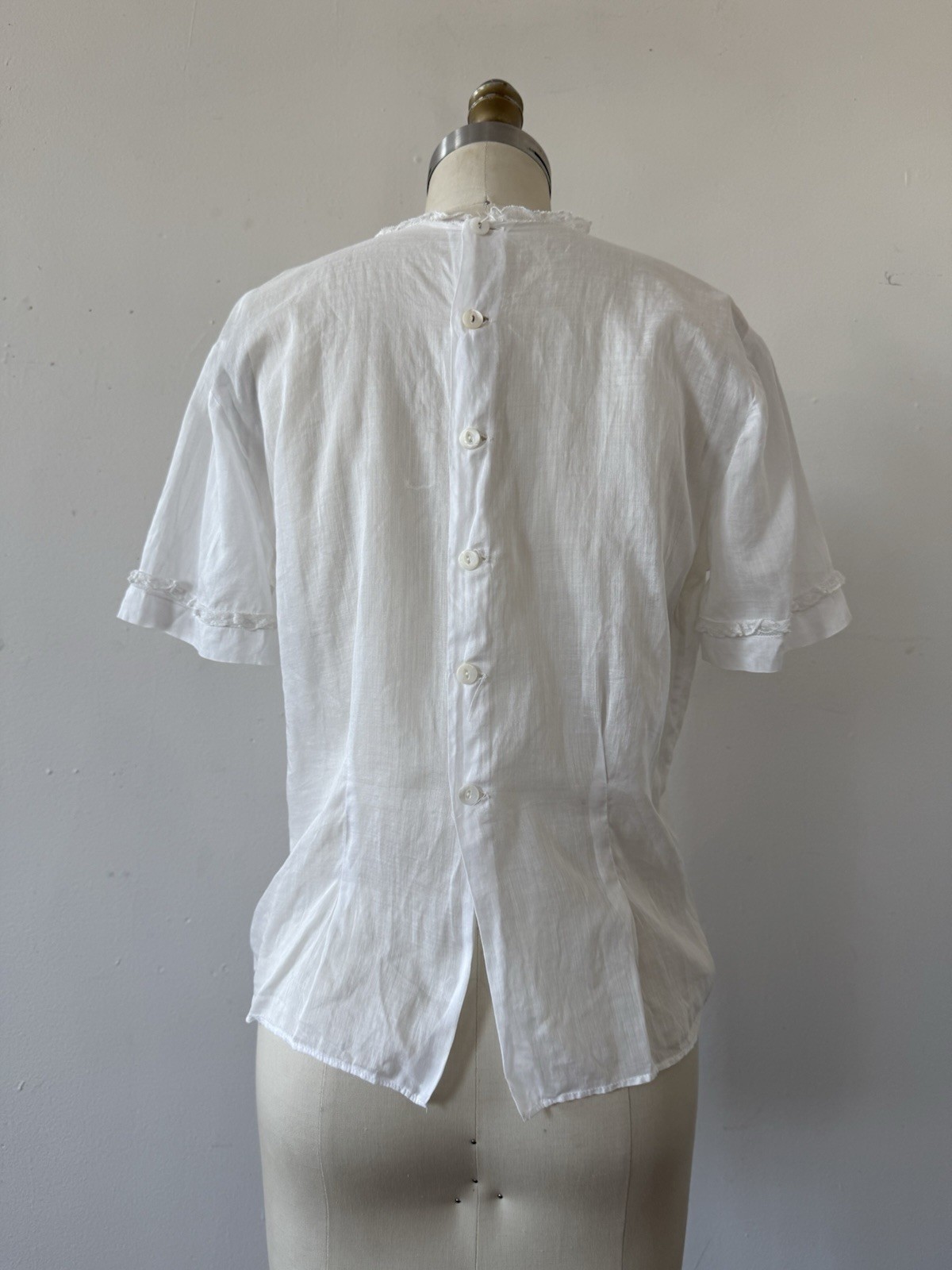 Antique Edwardian 1910s Sheer While Cotton Voile Blouse Embroidered Lace Panels