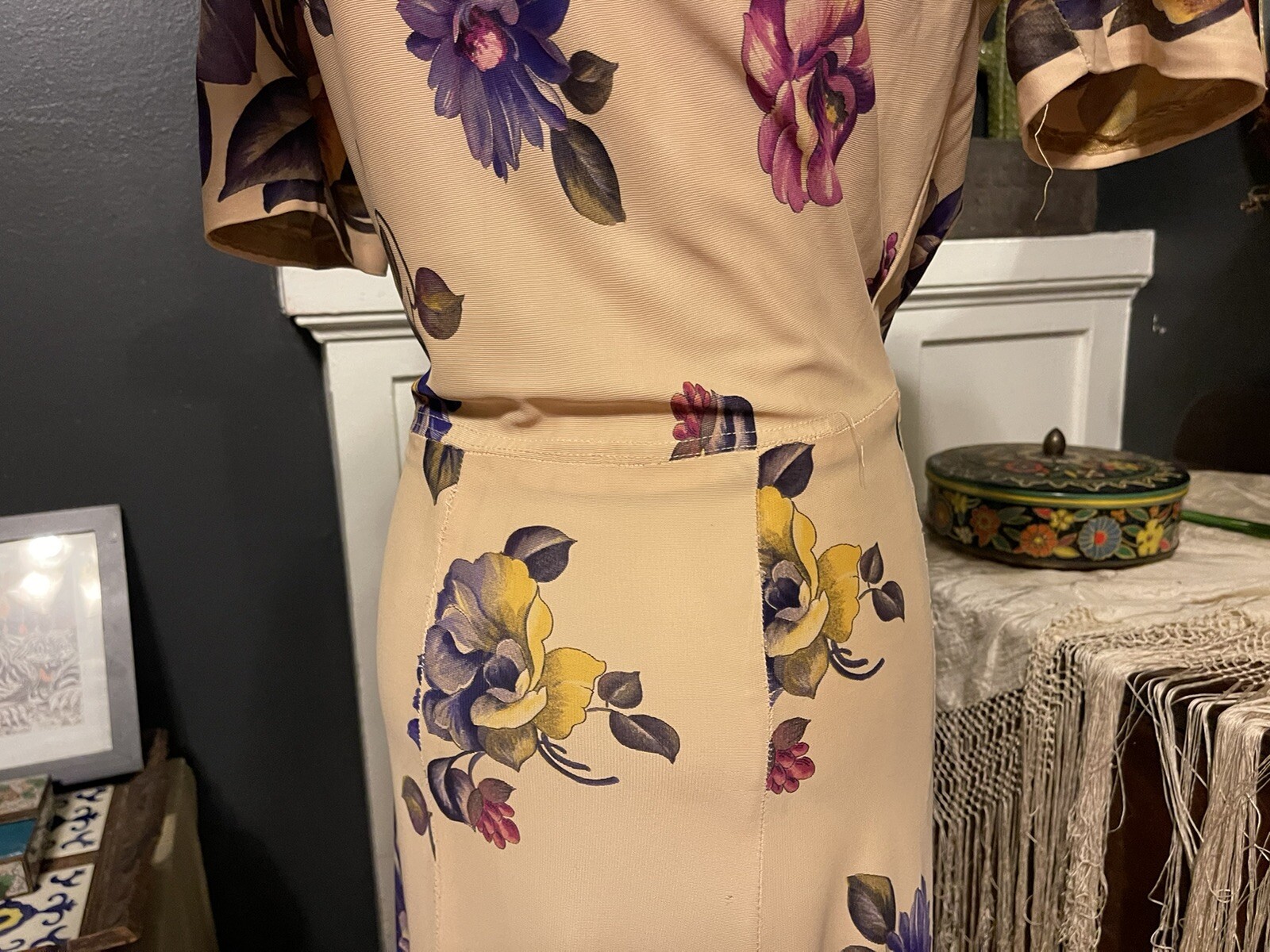 1930’s Rayon Jersey Magnolia Flower Dress | Purple Pink Yellow