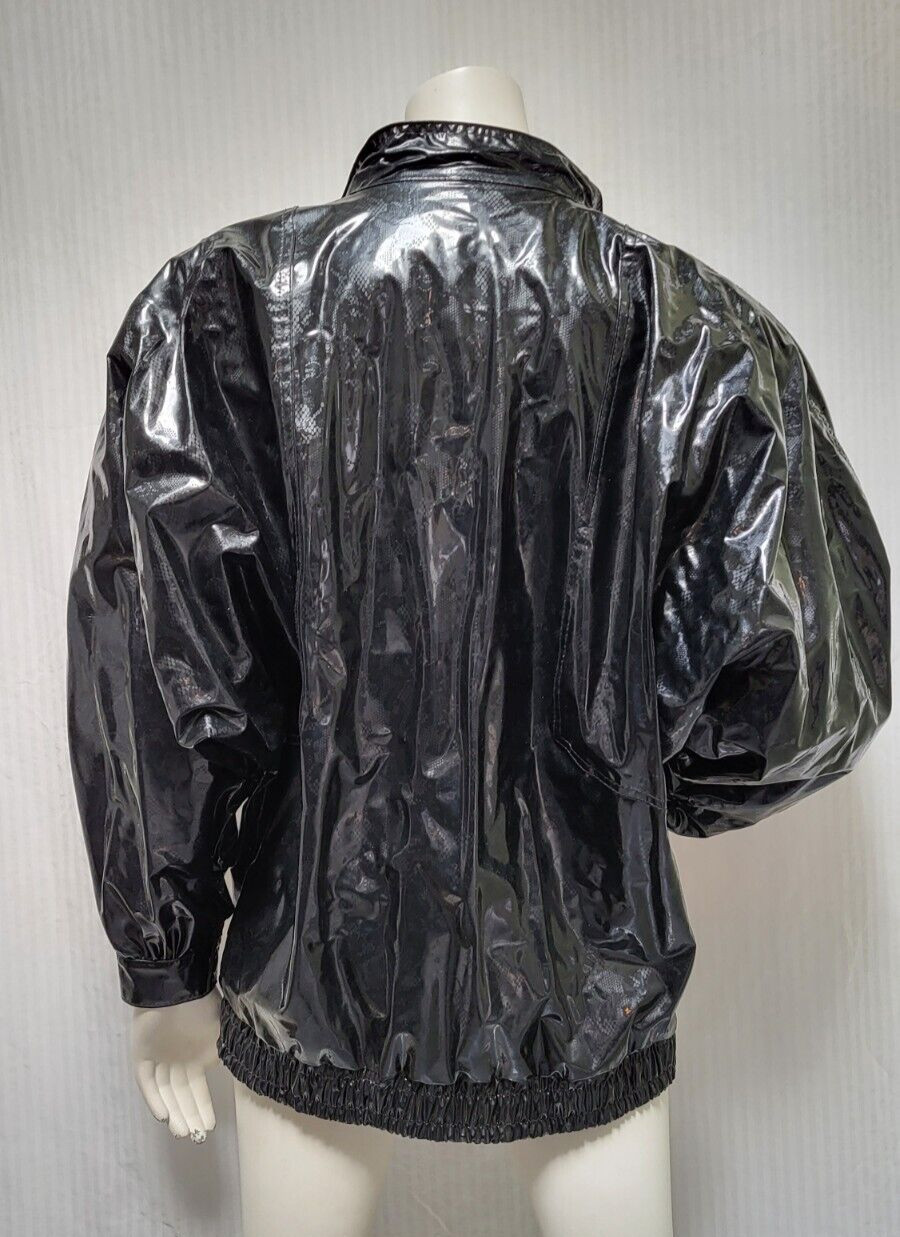 Vintage 1980s Kenn Sporn Wippette Black Shiny Vinyl Lace Print Raincoat Jacket