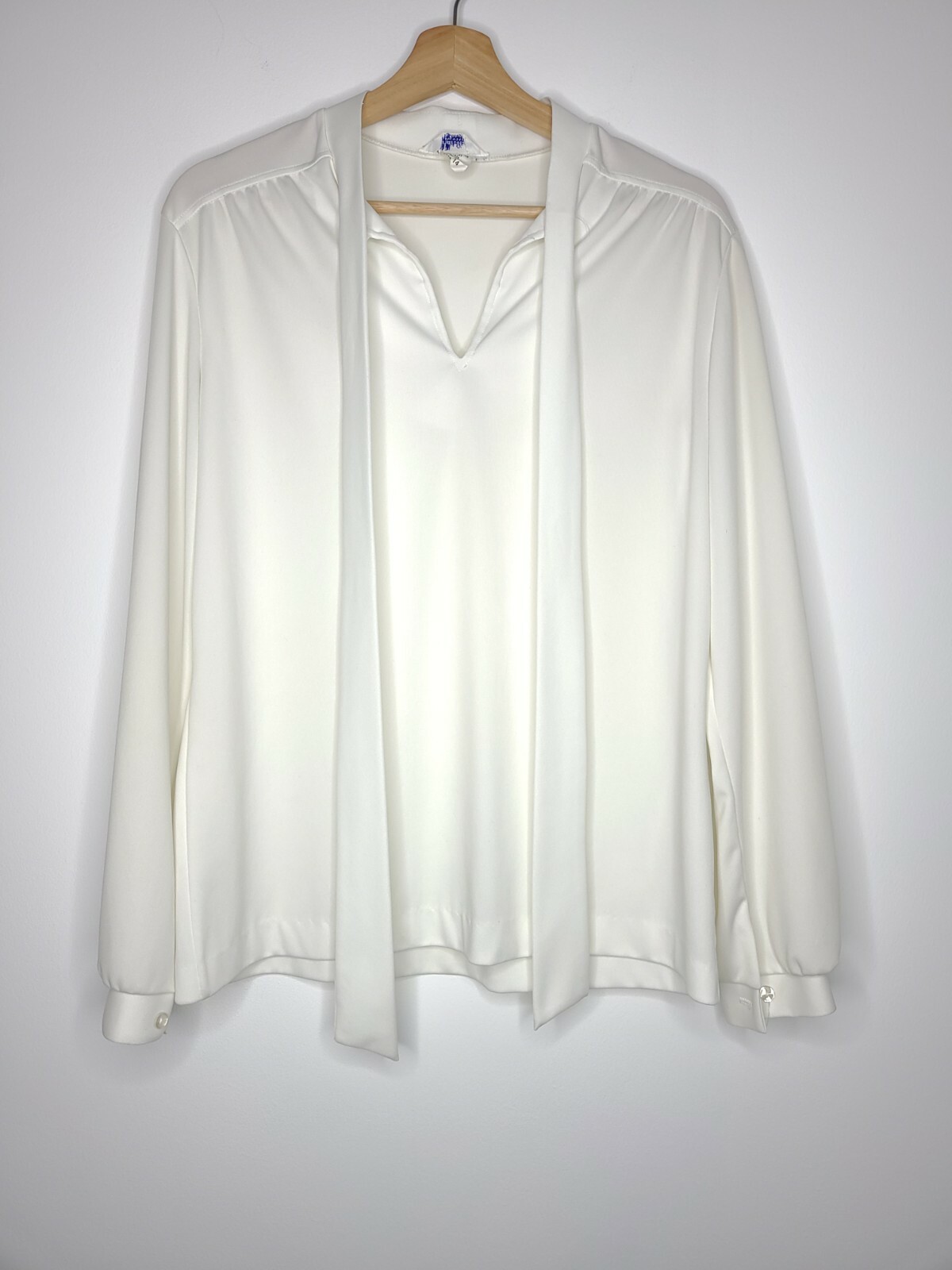Vintage Mardi Modes NY Womens Blouse Ivory Long Sleeves Tie Collar VTG Size 14
