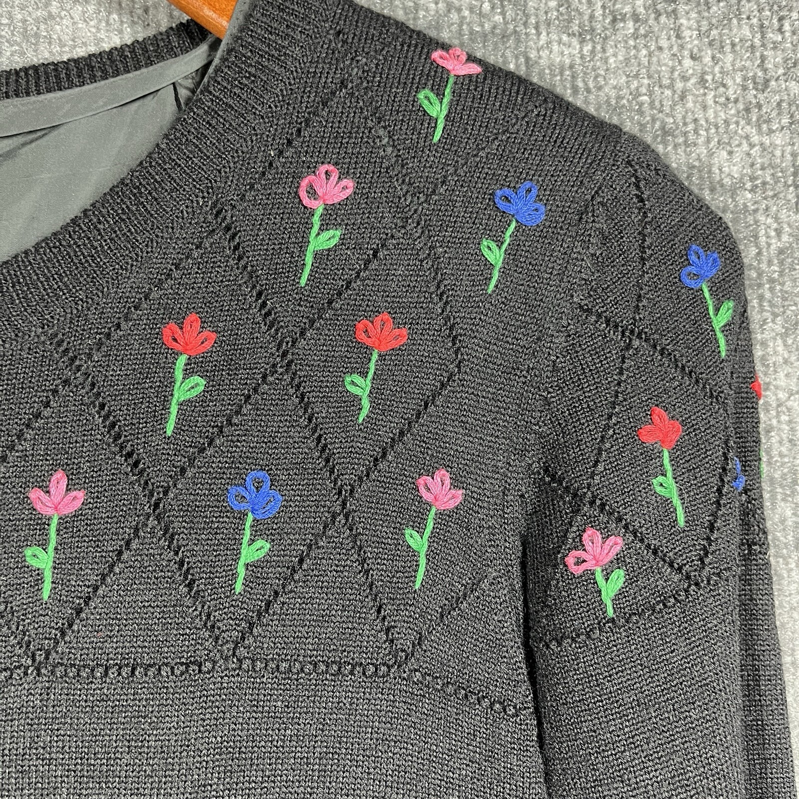 VINTAGE 80s Ciao Ltd 100% Pure Wool Sweater Dress Black Embroidered Floral Sz 8
