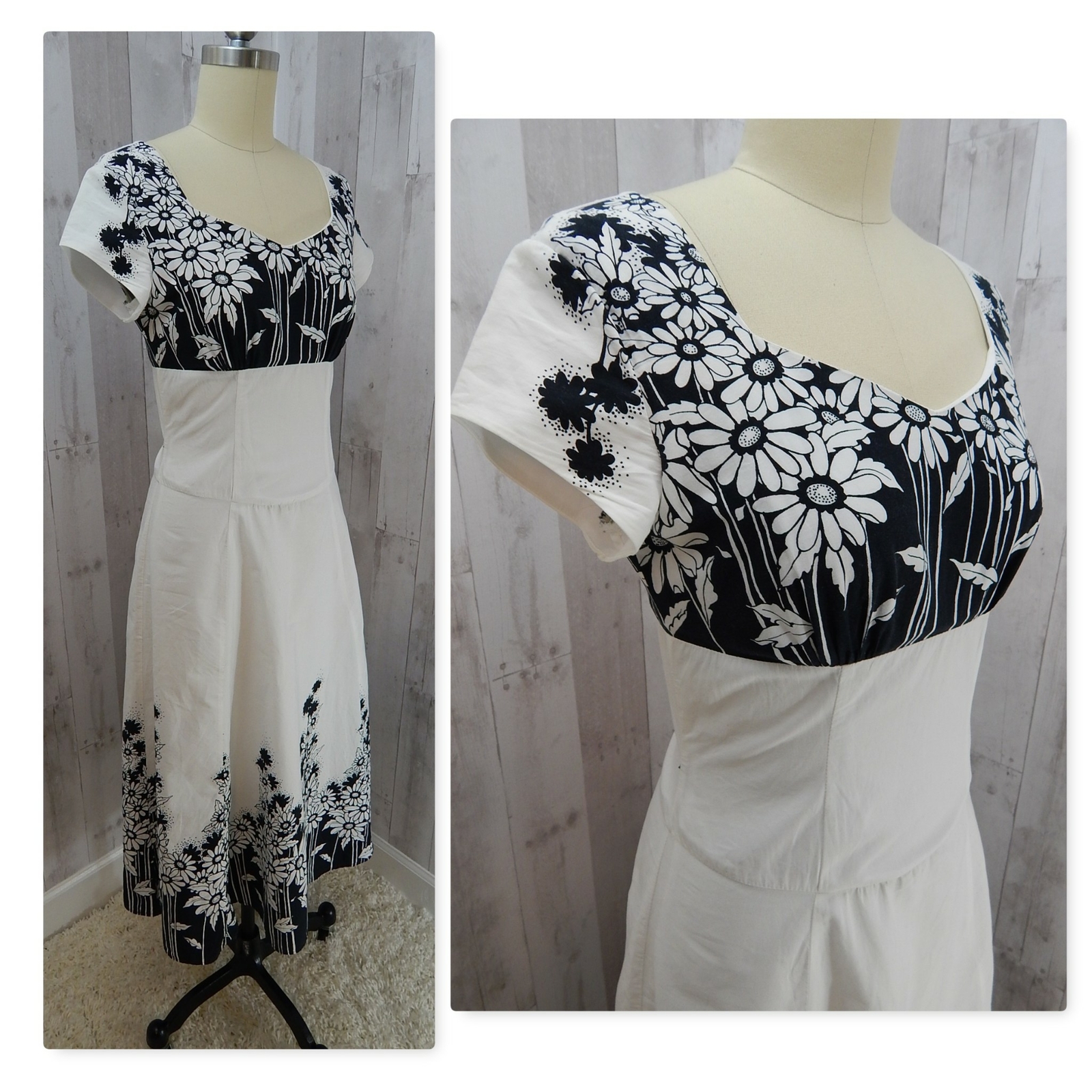 Vintage Novelty Floral DRESS 1980s Black & White A-line Pinup Rockabilly Vtg 3