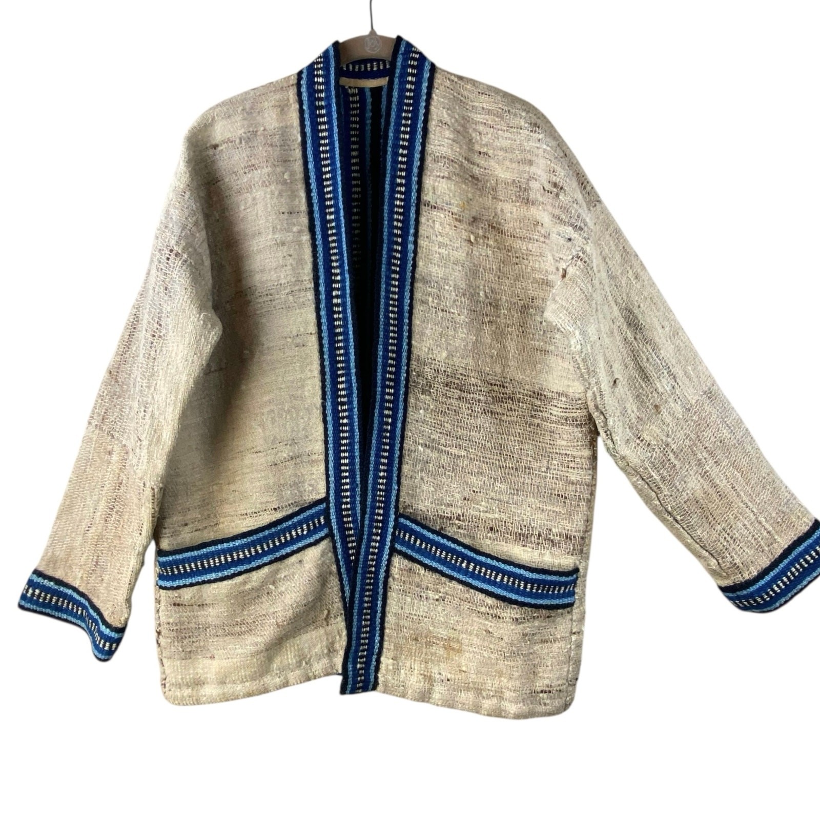 Hand Woven Wool Jacket Size L Cream Blue Artisan Boho