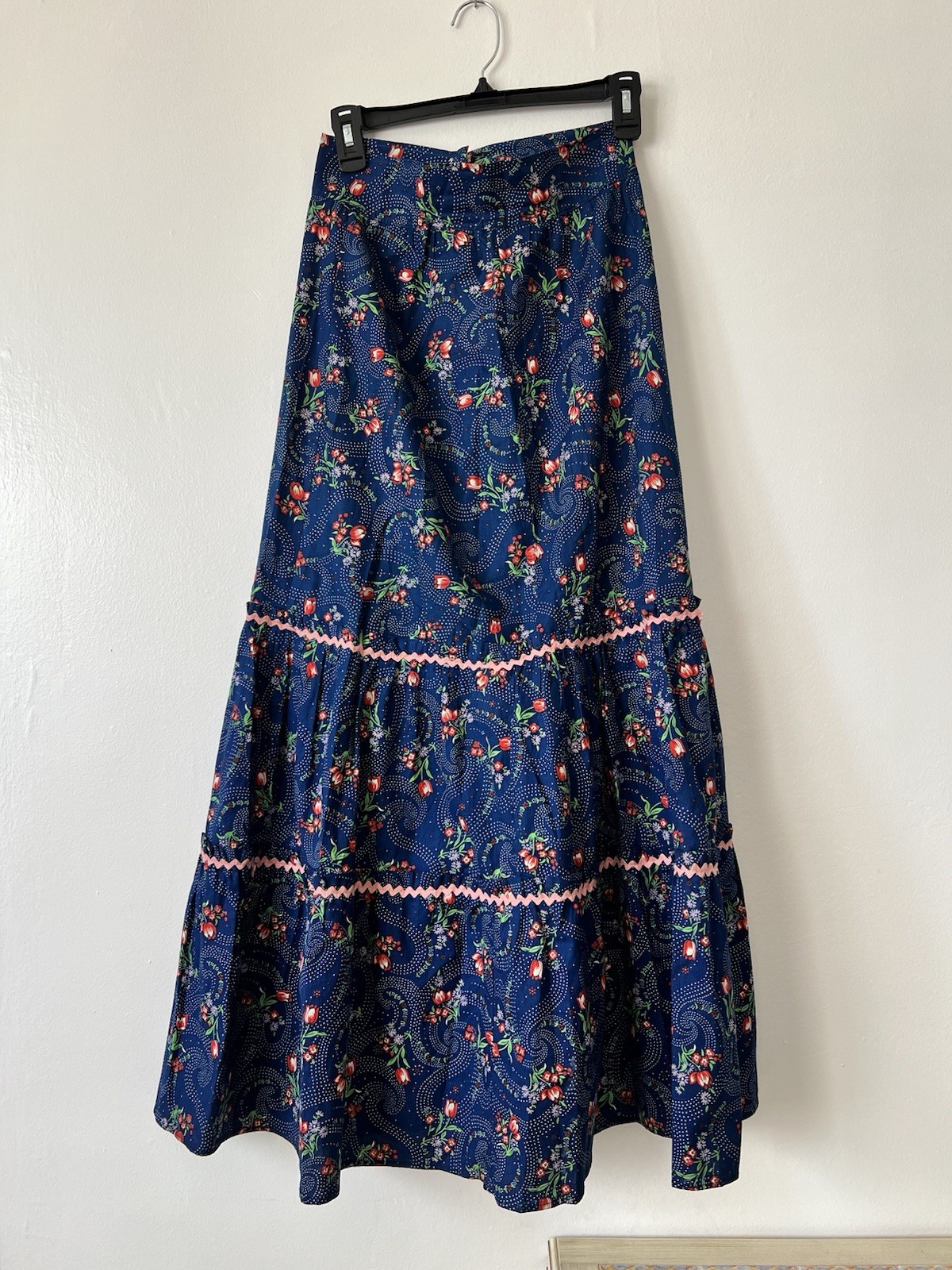 Vintage 70s Maxi Prairie Tiered Blue Floral Skirt Size Small Cottage Core