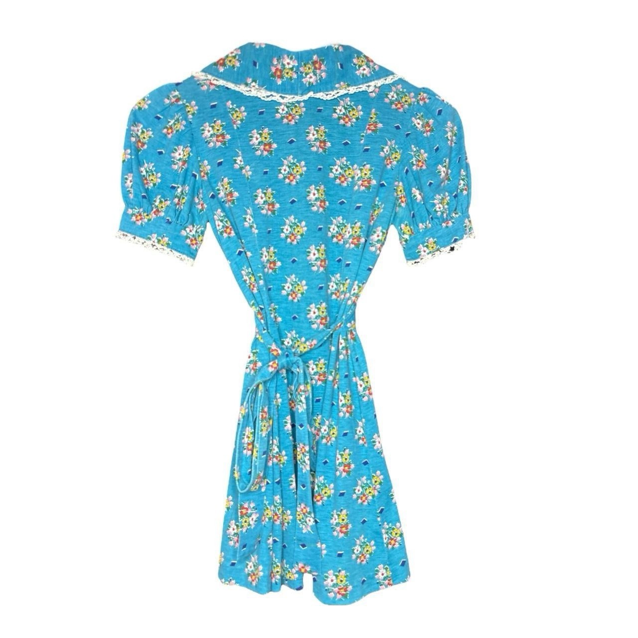 Handmade Vintage Flower Dress With Ruffle Sleeves In Blue.