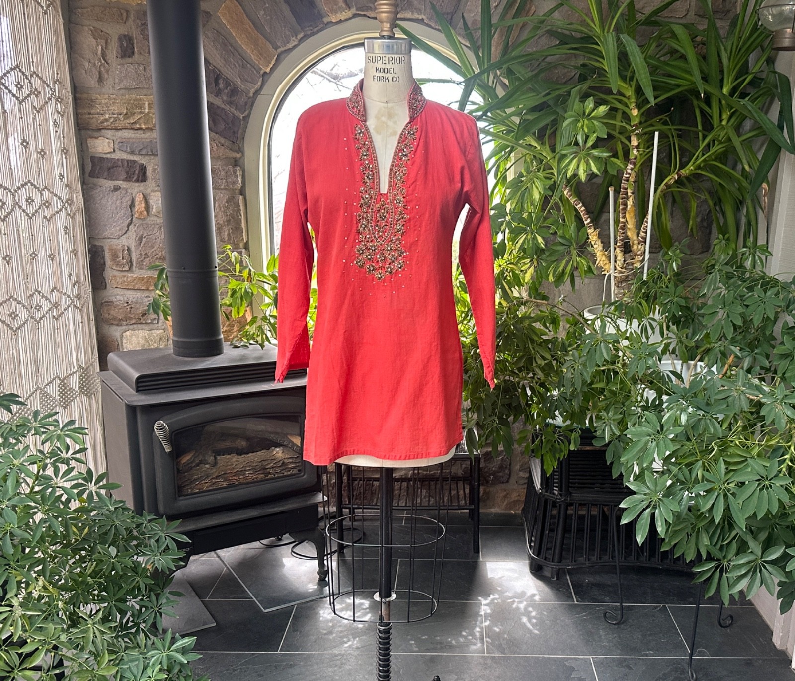 Vintage 1970s Bohemian Terracotta Embroidered Cotton Peasant Tunic Shirt Indian