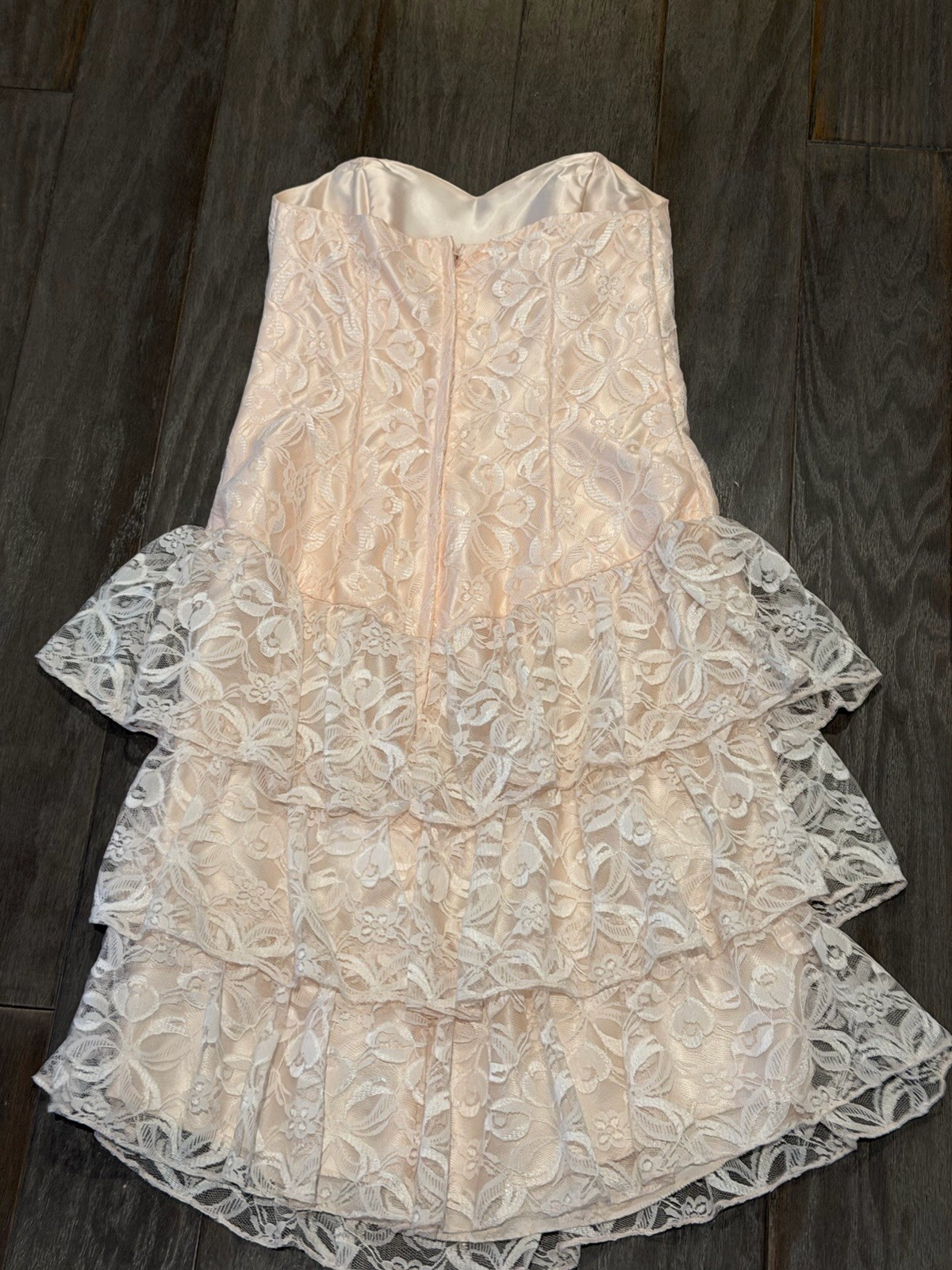 Vintage FLIRTATIONS 80s Prom Party Dress Pink Lace Ruffle Strapless S Alfred Ang