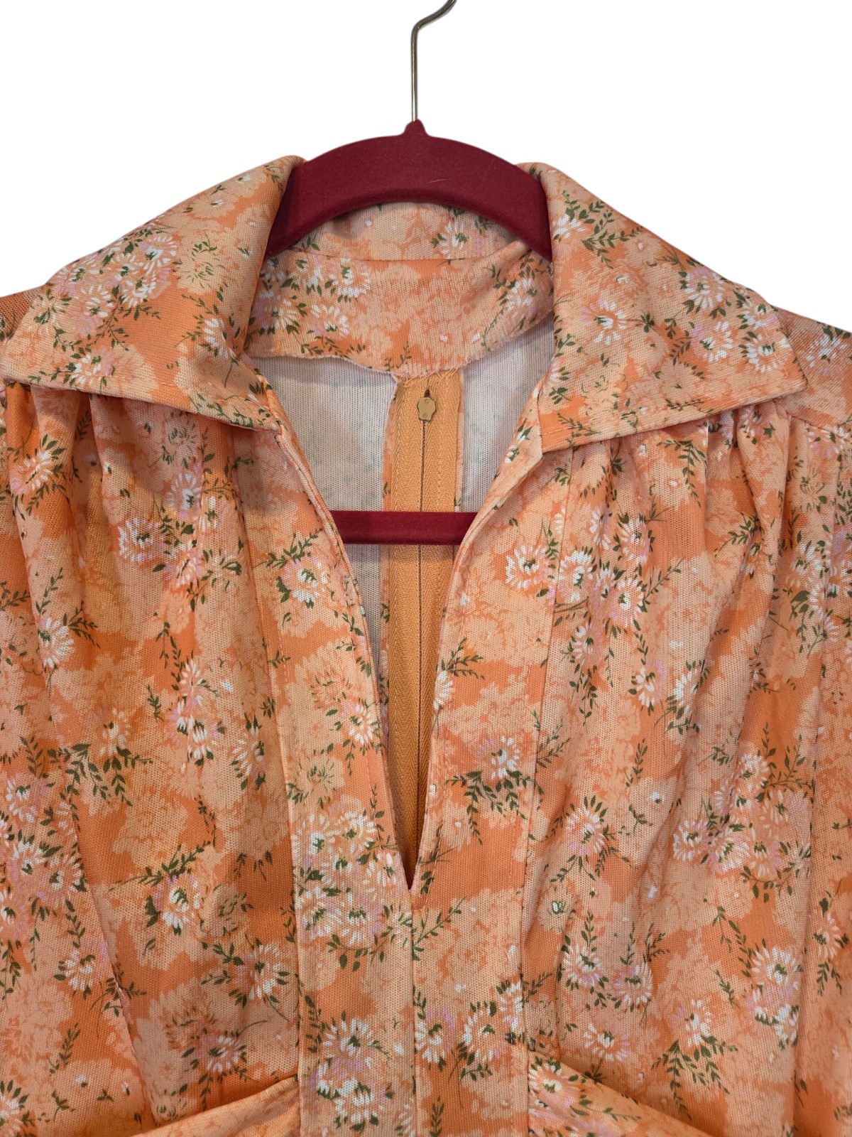 60s/70s Peachy Ditzy Floral Empire Waist Maxi Dress Tie Back Hostess, Boho GUC