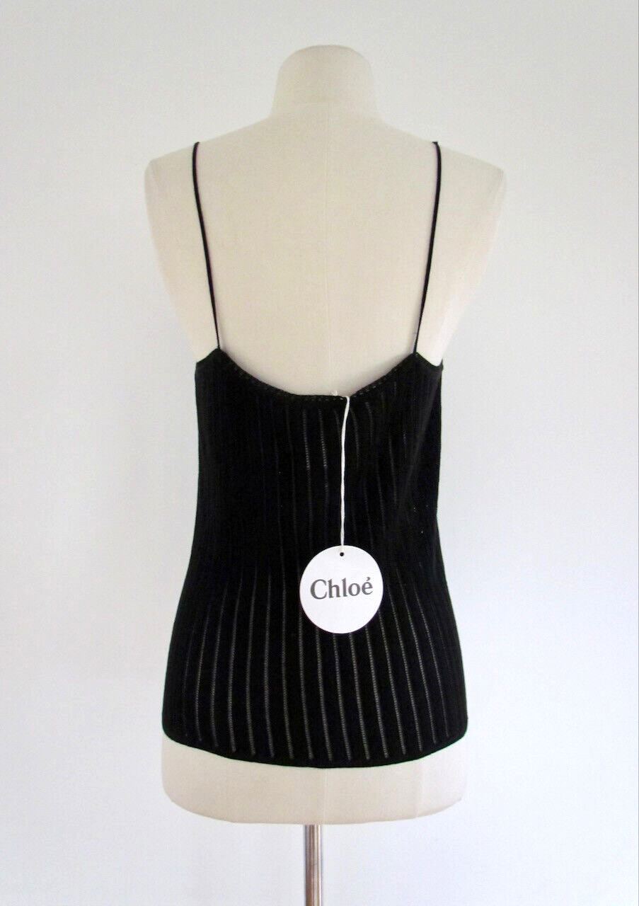 Chloé Black Crochet Top Knit Camisole Pom Pom L Italy Y2K Deadstock