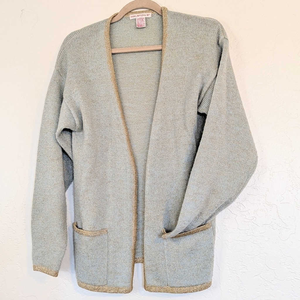 VTG Cardigan Short Sleeve Sweater Set Light Mint Green Gold Trim 80s Grandmacore