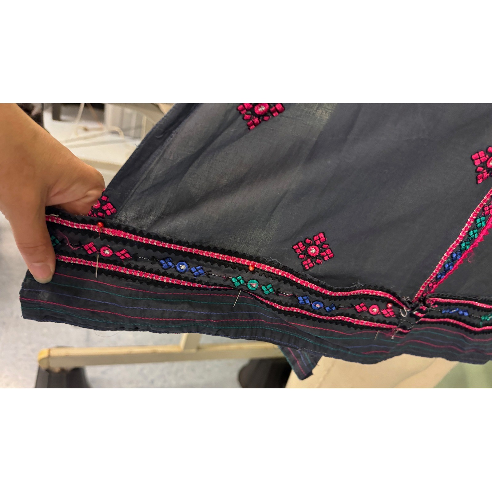 Vintage Ethnic Embroidered Tunic Dress Black Pink Boho Shisha Mirror Midi Kurta