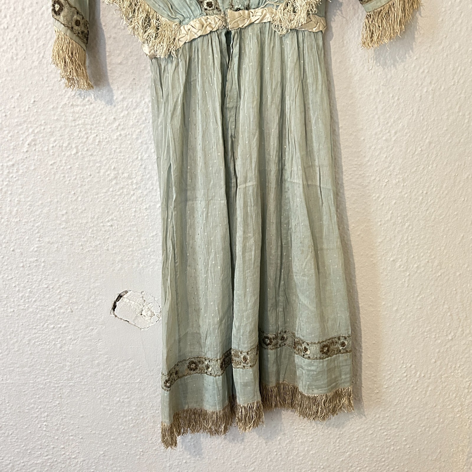 READ AS IS Antique Edwardian Blue Dress Fringe Trim Embroidered Study Fragile