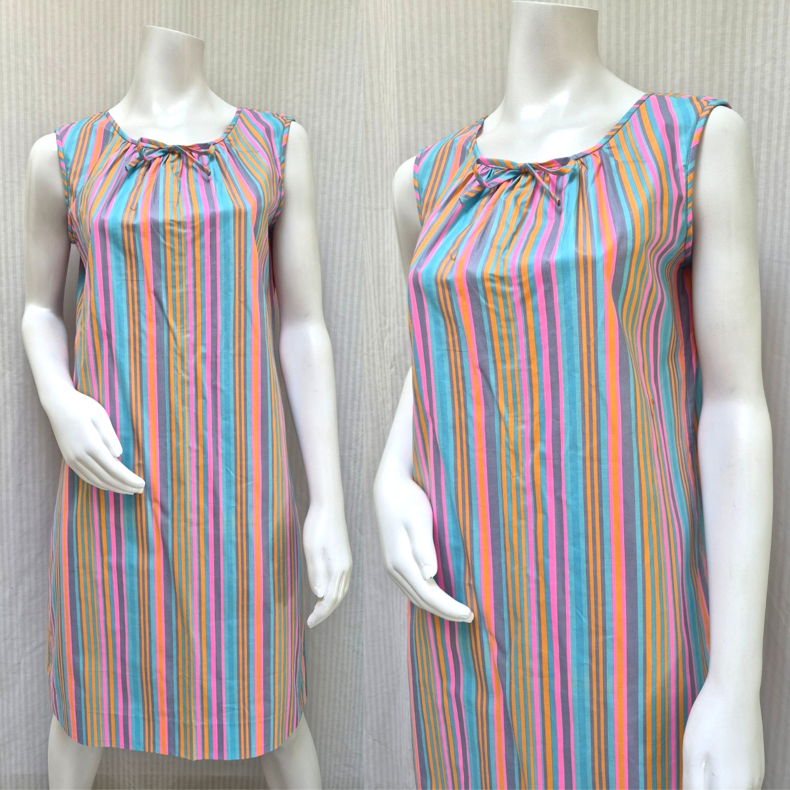 NOS Vintage 1960s Devonshire Lady Neon Pink Orange Blue Candy Stripes Dress -M/L