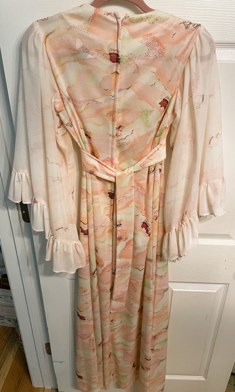 Vtg Sears Fashion 70s Hippie Maxi Dress Flowy Butterfly Wing Sleeve Polyester 12