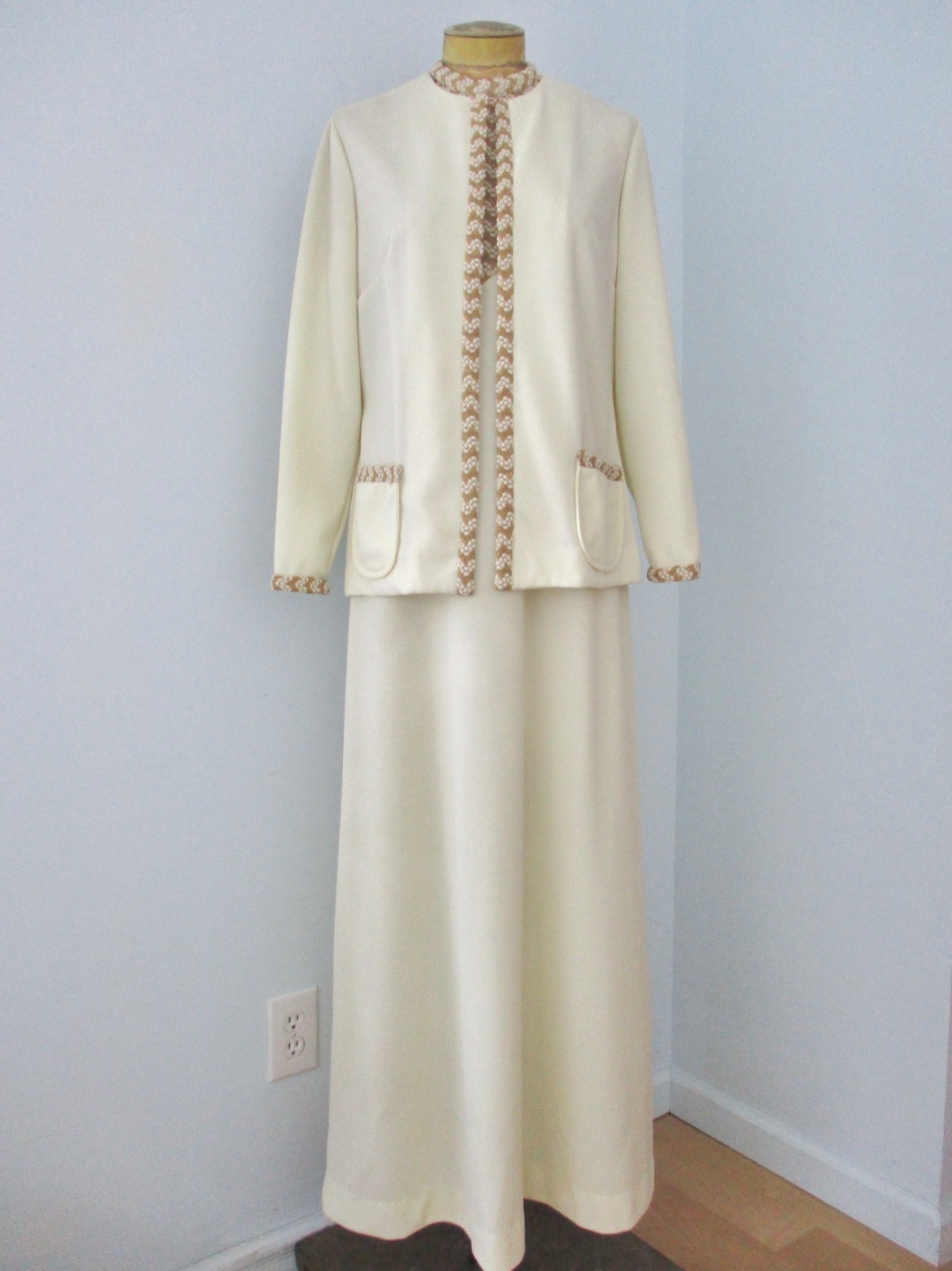 Vtg 60s 70s Cream Sparkly Gold ZigZag Knit 2-Pc Maxi Dress Gown Jacket Suit S/M