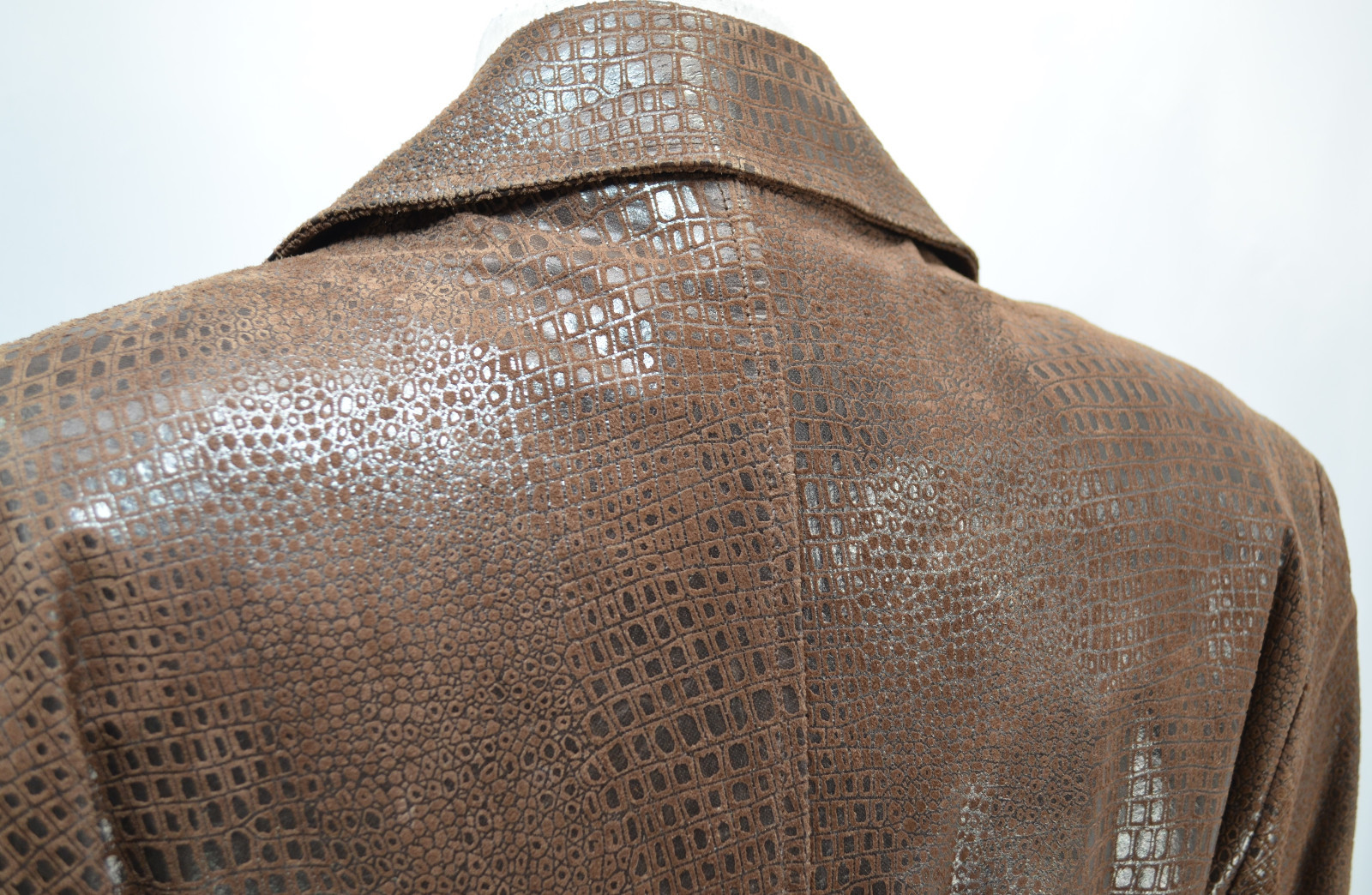Marvin Richards Chocolate Brown Leather Reptile textured long coat trench VTG S