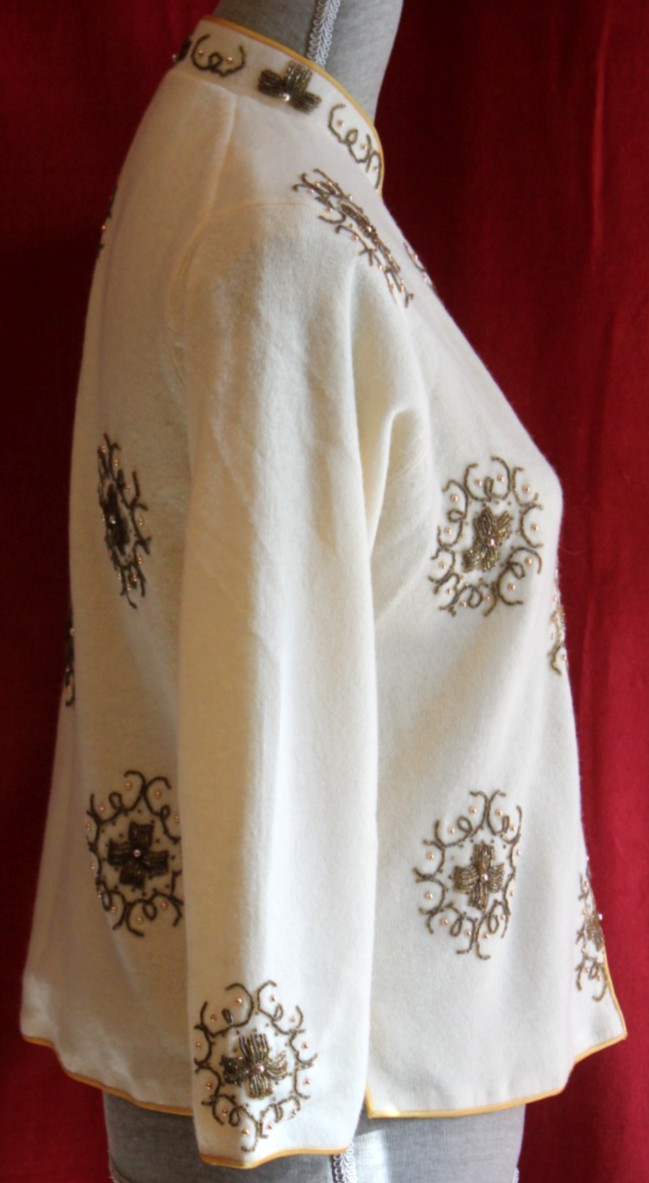 Vtg 60s Beaded Sweater Cardigan Mandarin Collar sz 4 Ivory Gold Bronze has flaws