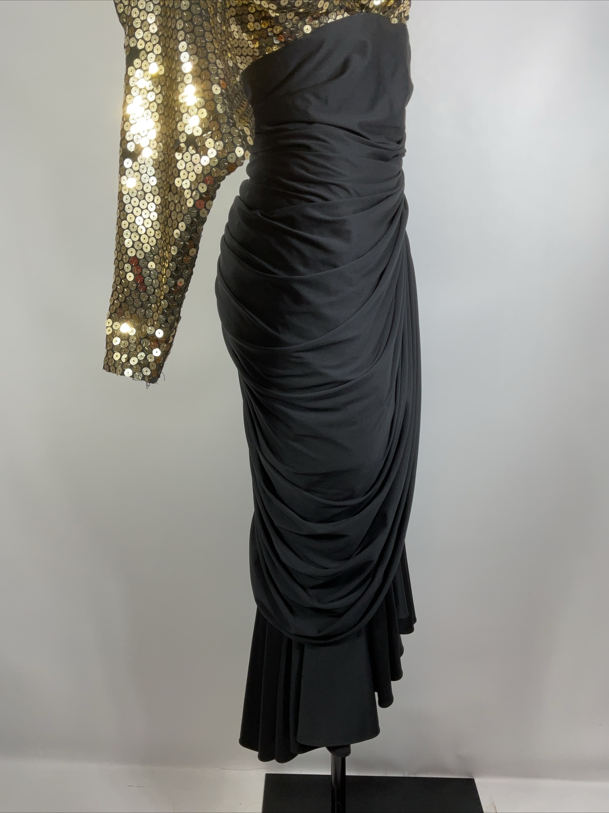 Tadashi VTG Formal Gold Sequin Ruched Draped Cocktail Party Dress Holiday NYE