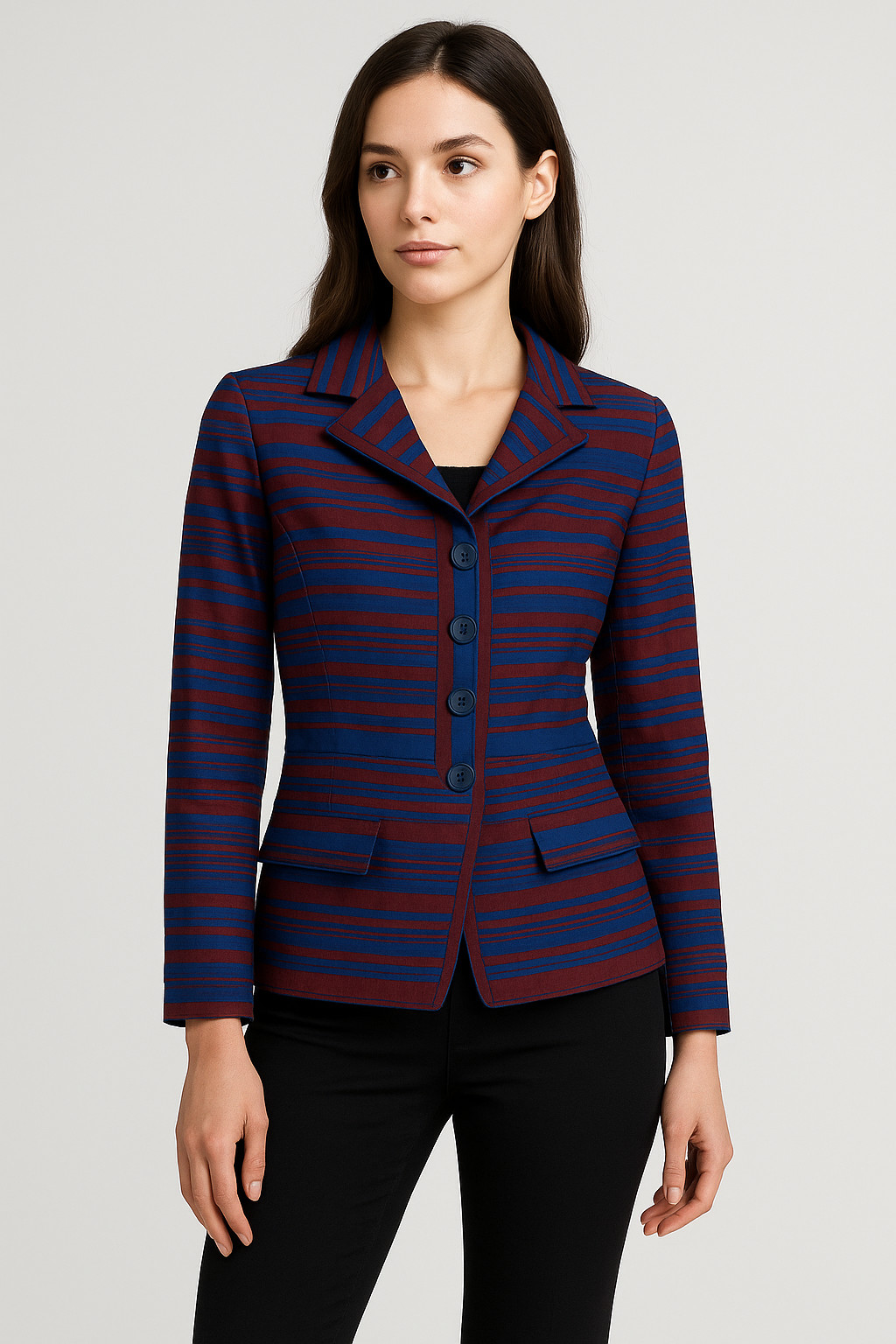 Blazer M Vtg 40s RAW SILK Red Blue STRIPED Print Flap Pocket NIPPED WAIST JACKET