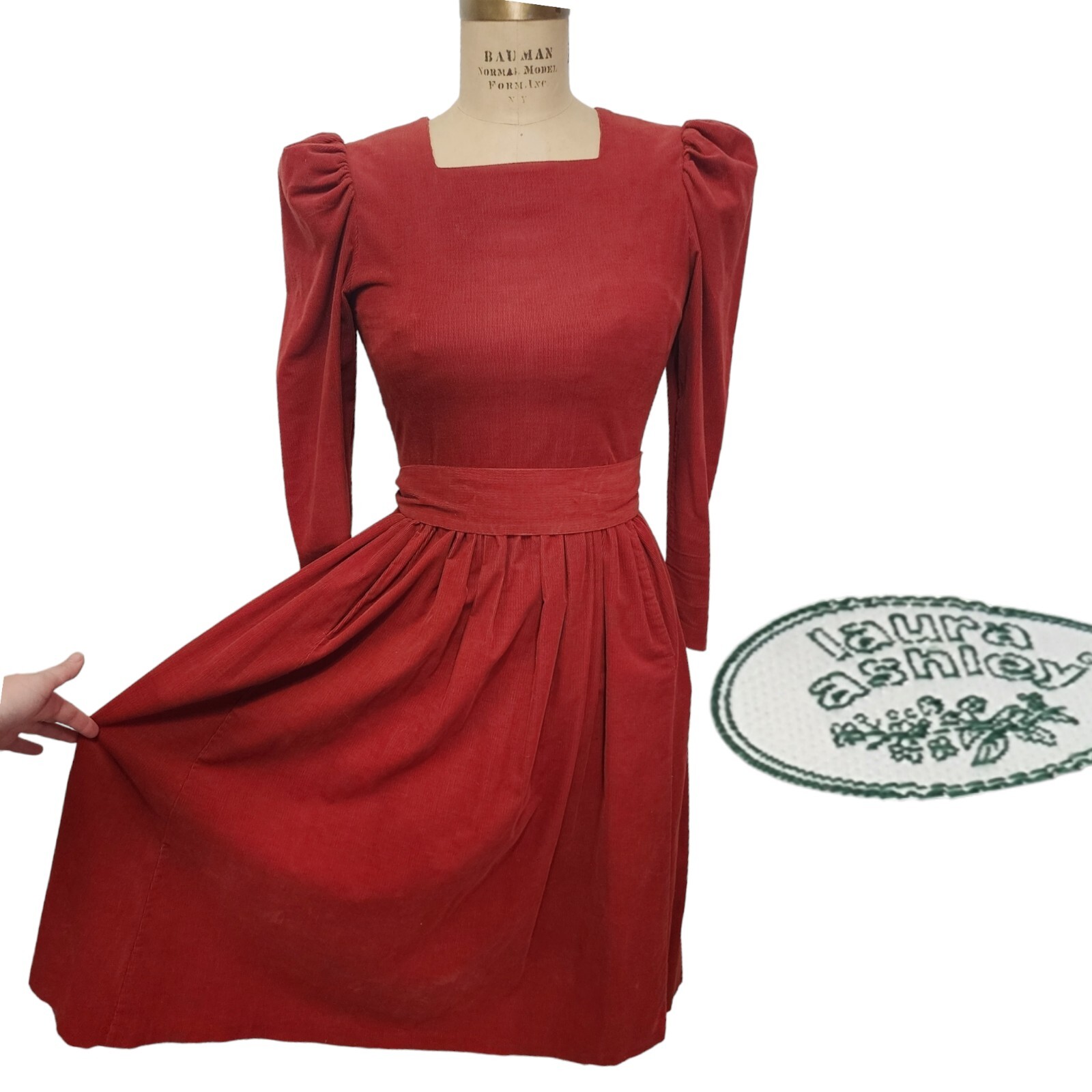 Vtg 80s Laura Ashley Dress Corduroy Orange Puff Sleeve Pockets Belt UK 10/US 6