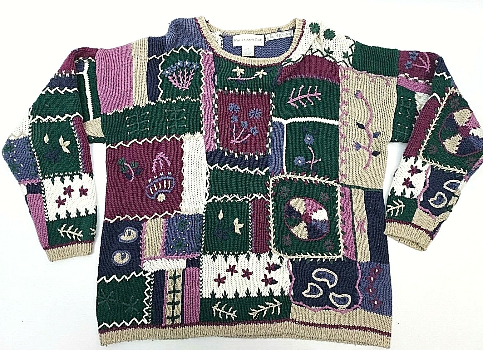 Vtg Paris Sports Club Womens Sz Medium Sweater Hand Knitted Pullover Long Sleeve