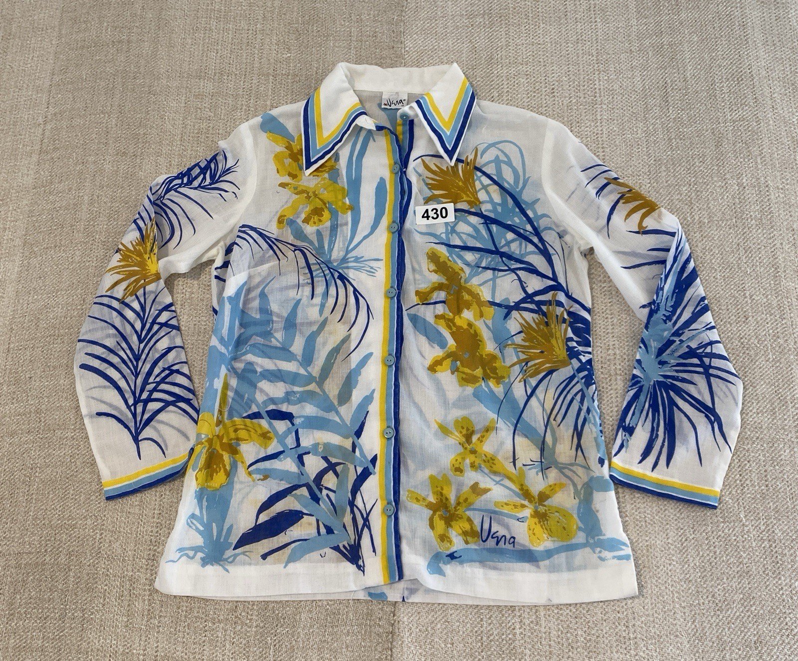 VERA NEUMANN Vintage Cotton Blouse Shirt Sz 14 White Blue Tropical Print 1960’s