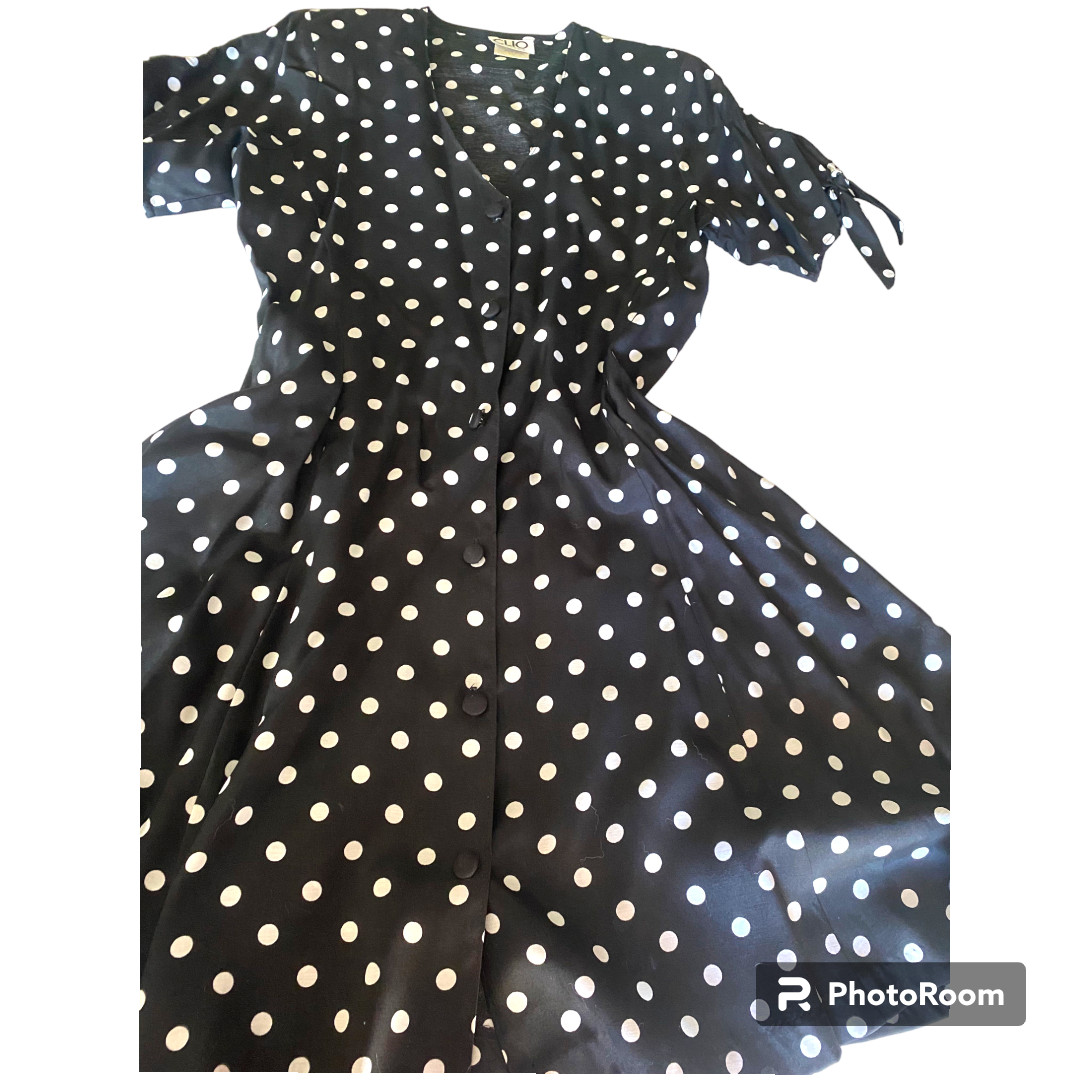 Clio Petites Vintage 80s Women’s button down black/ white Polka Dot Dress sz 8P