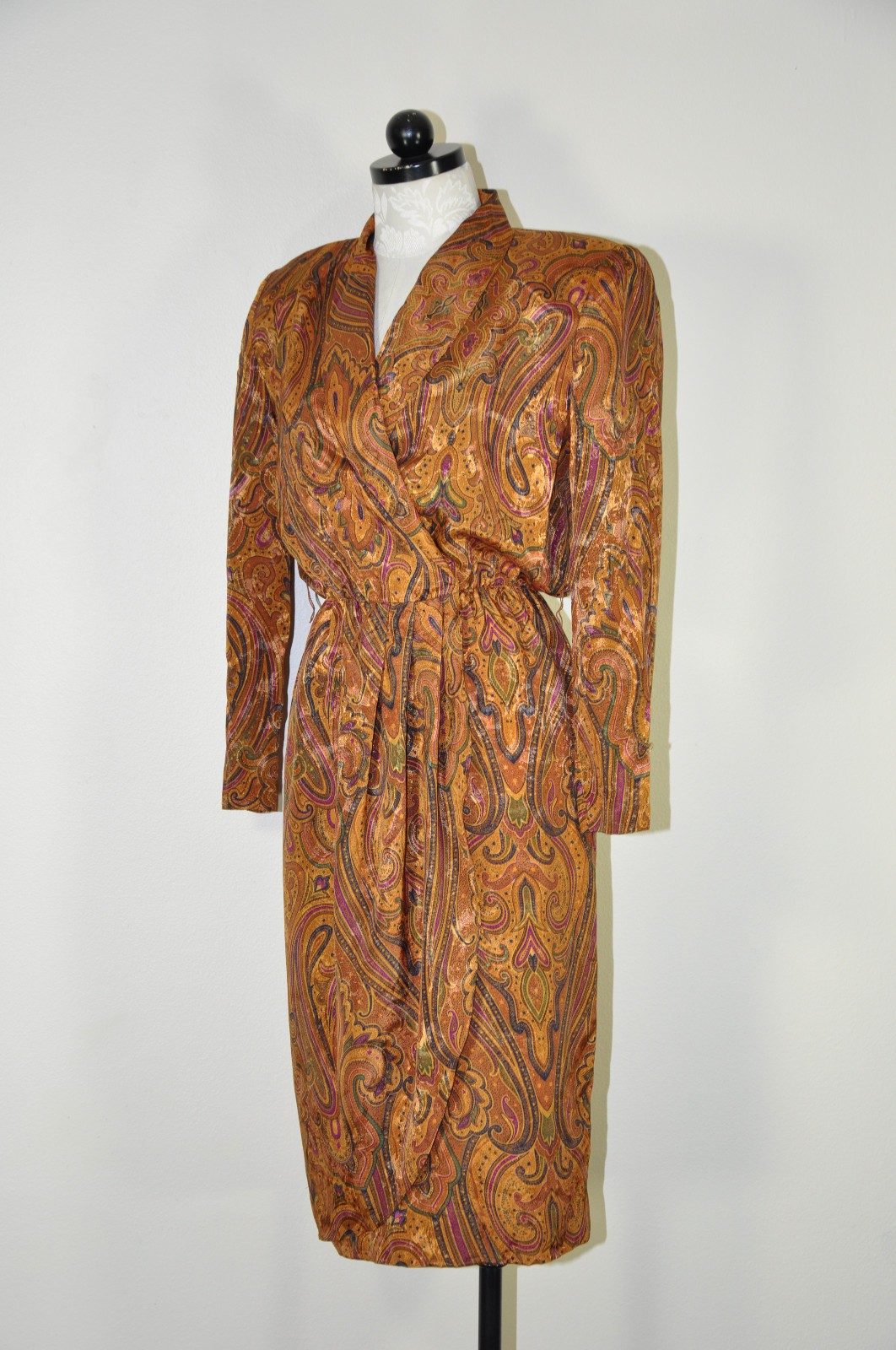 80s Vintage Spice Brown Silky Charmeuse Paisley Strong Shoulder Dress Women S M