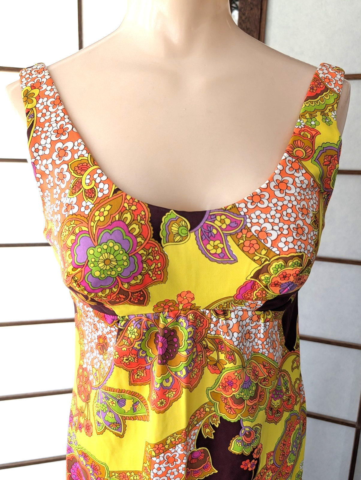 Vtg 70s Catalina Maxi Dress Psychedelic Mod Print Resort Wear XS Built-In Bra