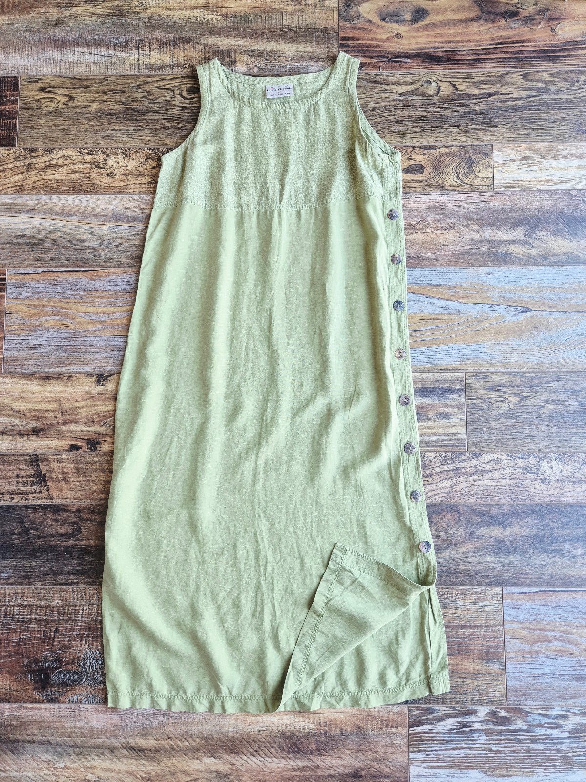 Vintage Loose Threads by Virginia Moreno Silk Linen Side-Button Dress Green Sz.S