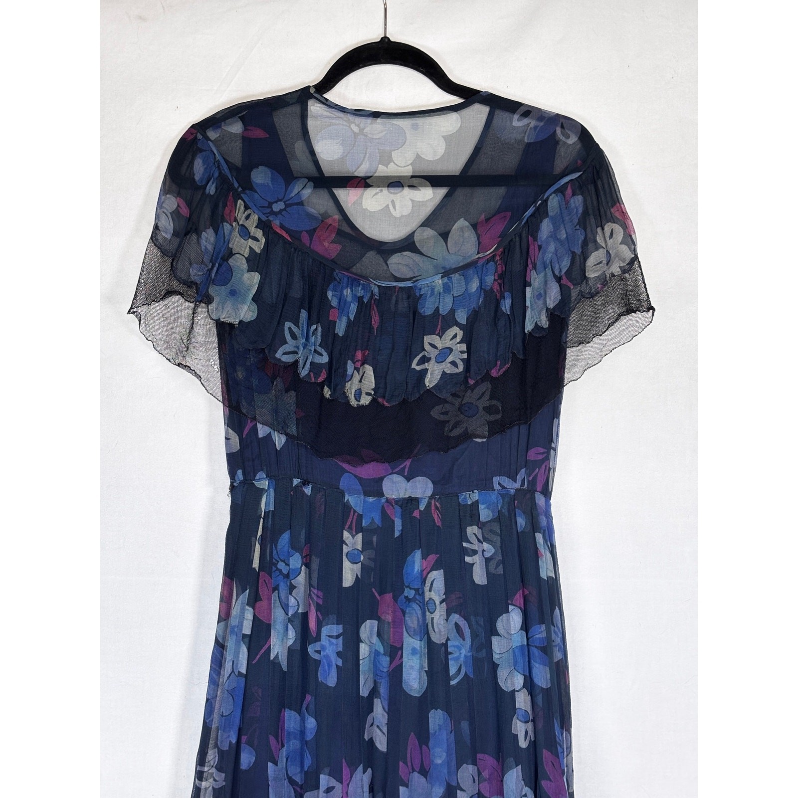 Antique 1920s Navy Floral Silk Dress Flapper Era Flutter Sleeve Drop Waist