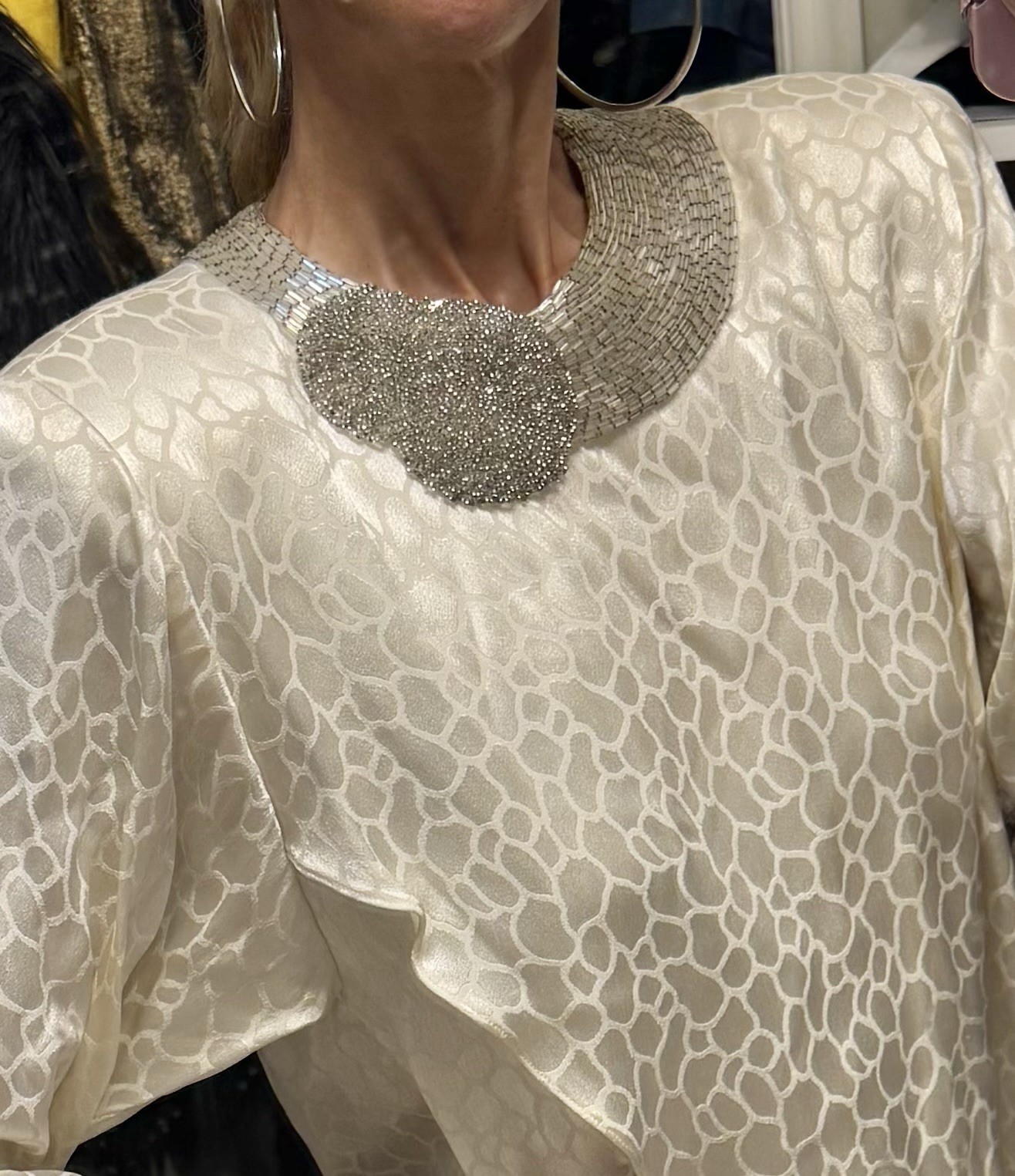 Vtg A J Bari Isaacson’s Ivory Off White Leopard Beaded Neckline Shoulder Dress