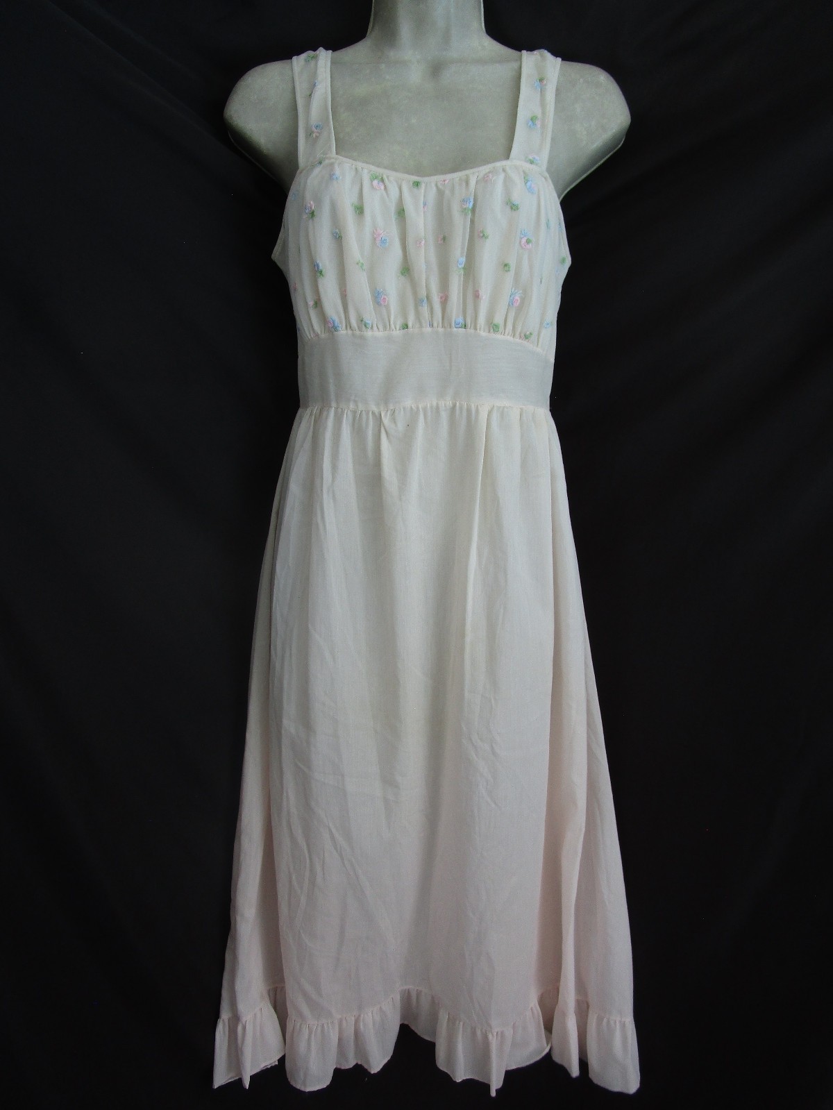 Vtg 60s Faerie Dacron Nylon Cotton Embroidery Trim Thin Nightgown Slip Dress 32