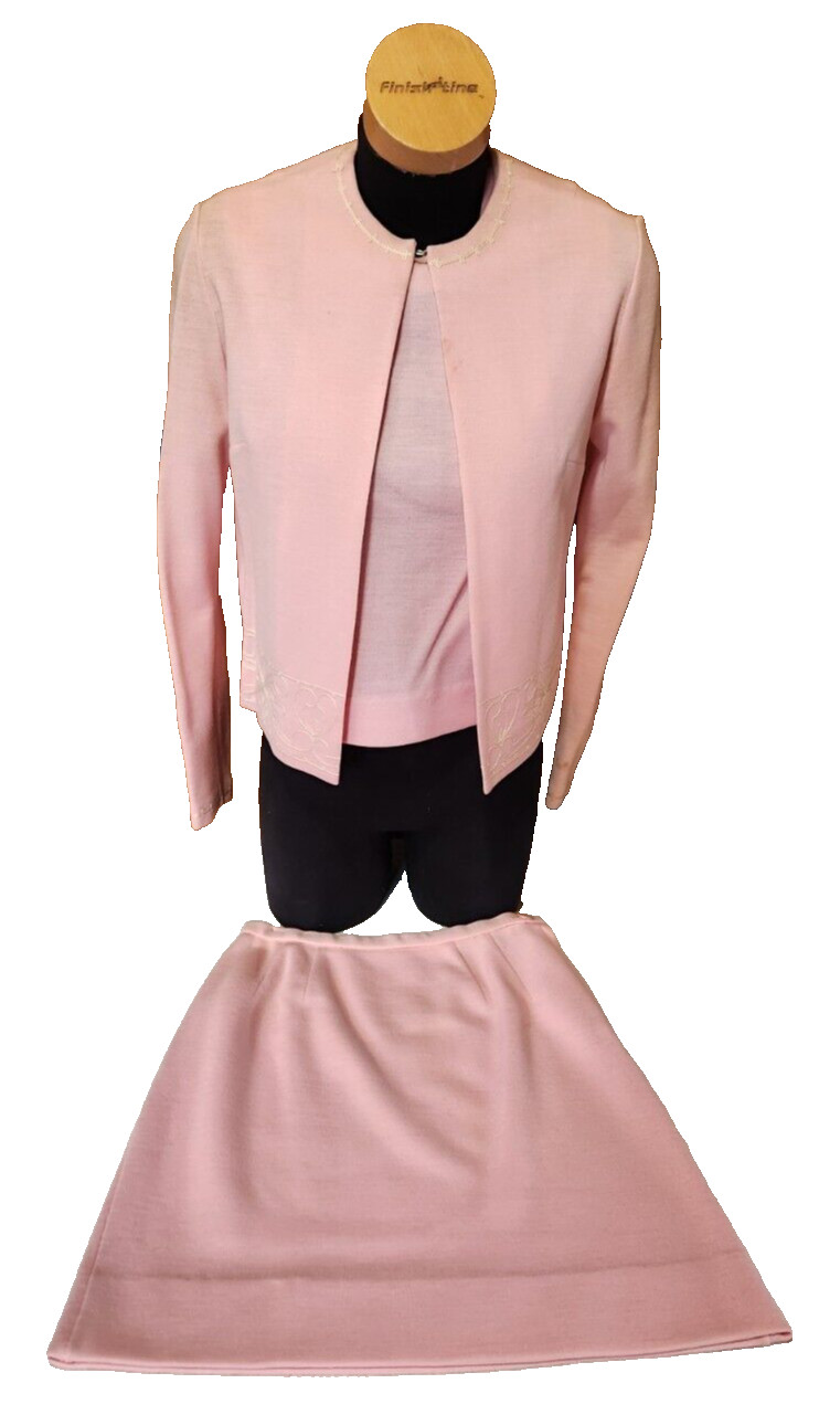 Gay Gibson VTG 1960s Pink 3 Piece Suit Womens Floral Embroidered Mid Century Mod