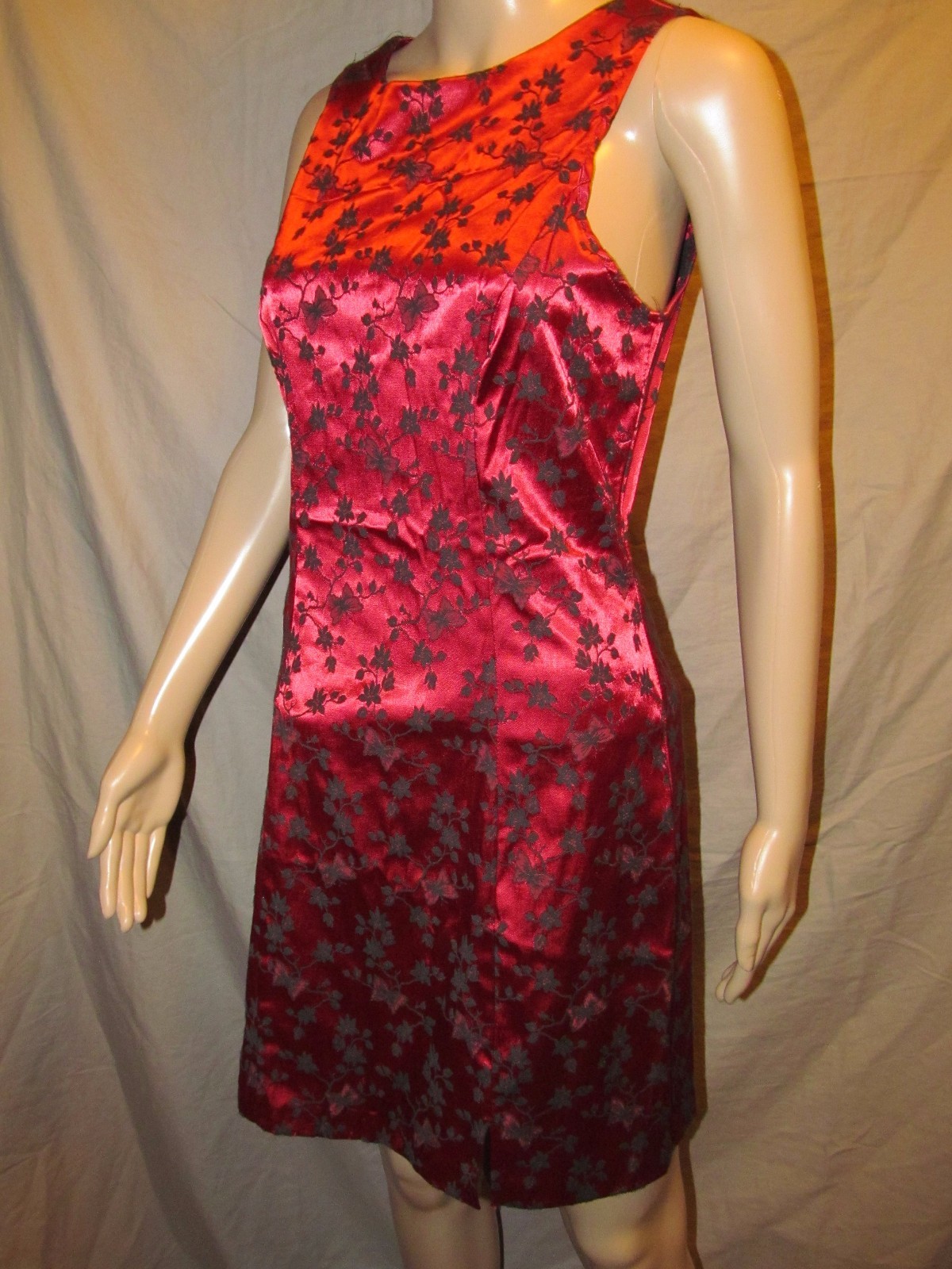 Asian satin dress floral embroidery 1990s Vtg RED JODY CALIFORNIA Juniors 13