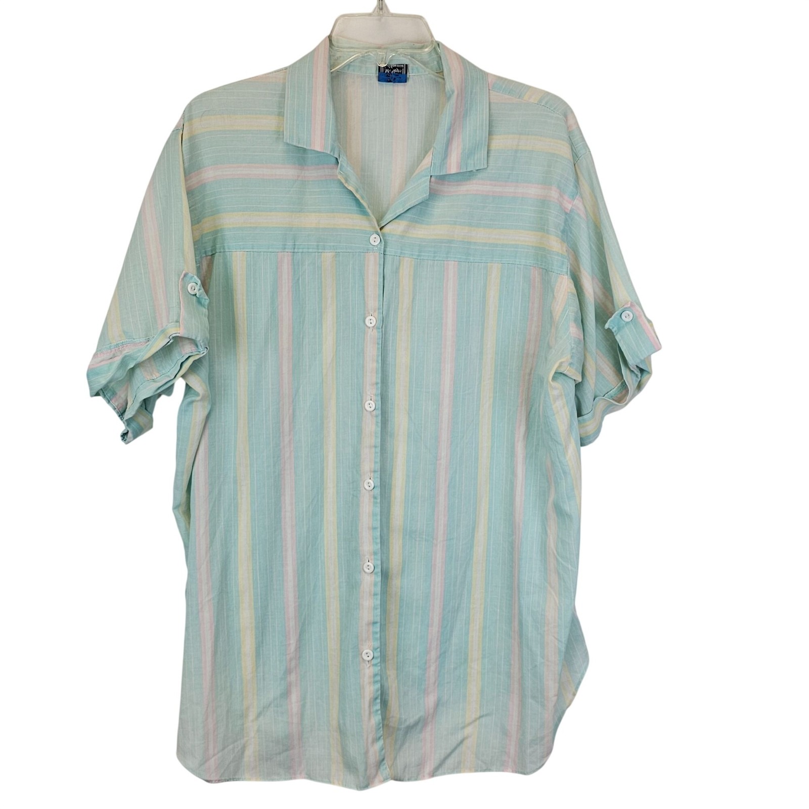 Vtg Ms Tops California Shirt Womens 40 1X/2X Pastel Striped Button Up Blouse