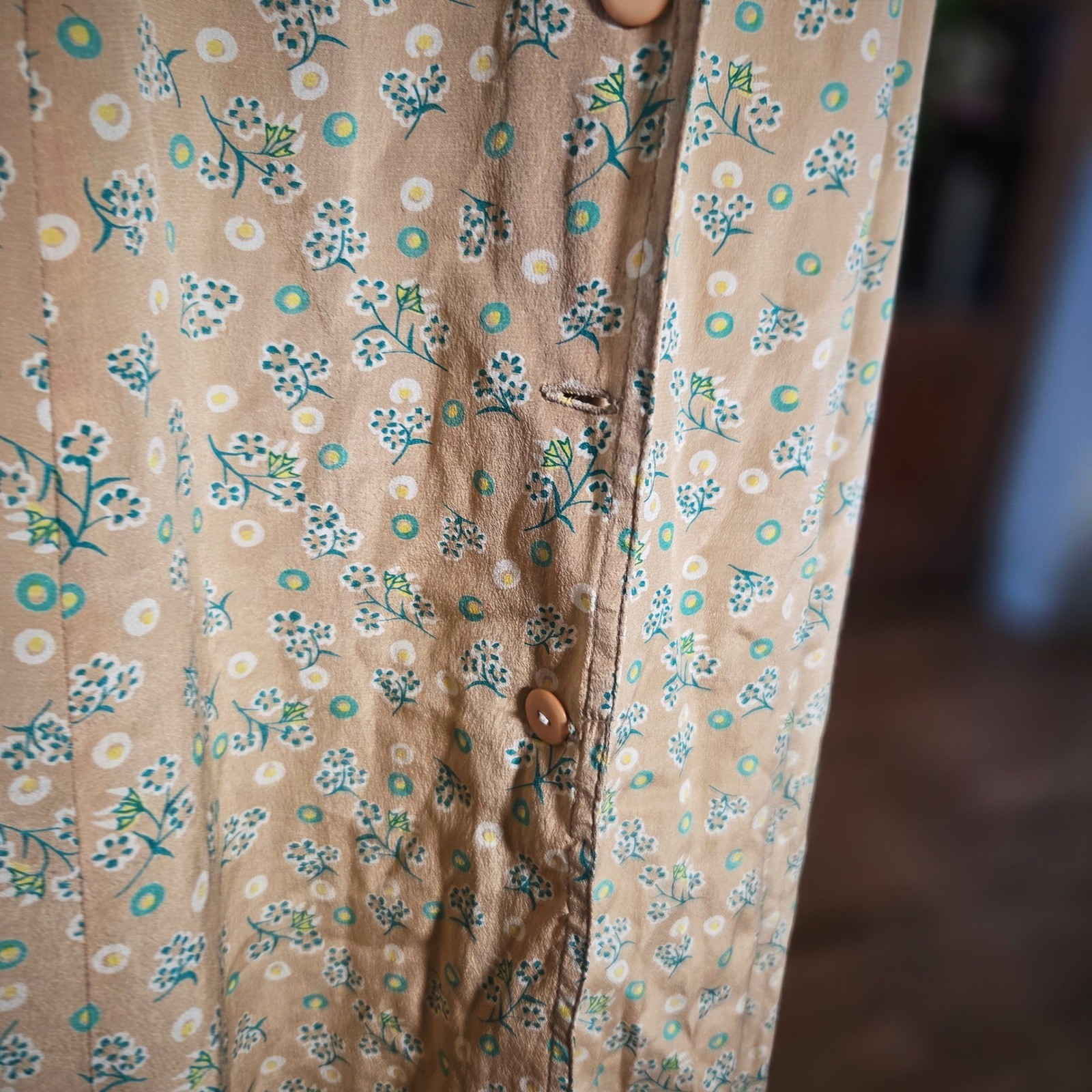 Vintage 40s Tan Silk Floral Day Dress Button Front Tea Dress WWII Era