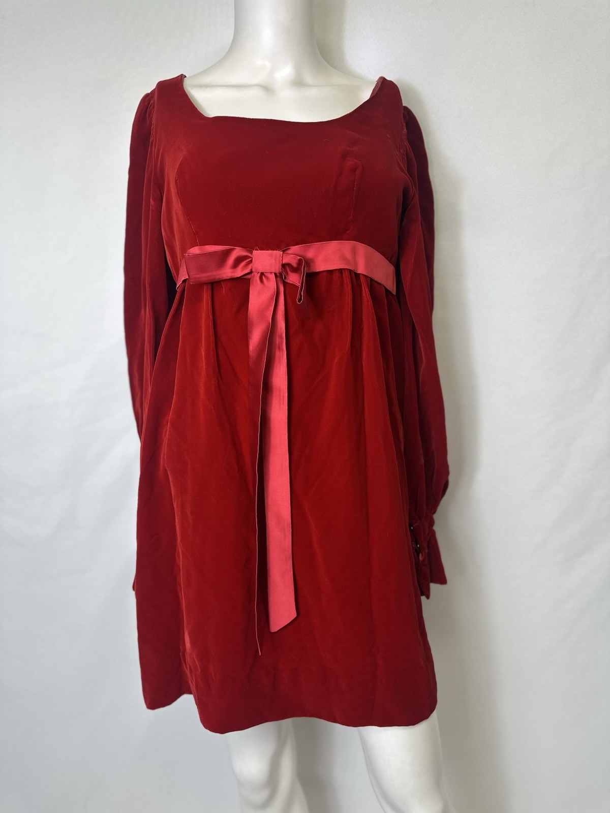 VINTAGE PERISCOPE 21 BRAND RED VELOUR DRESS Ribbon Waist Long Sleeve Size Small